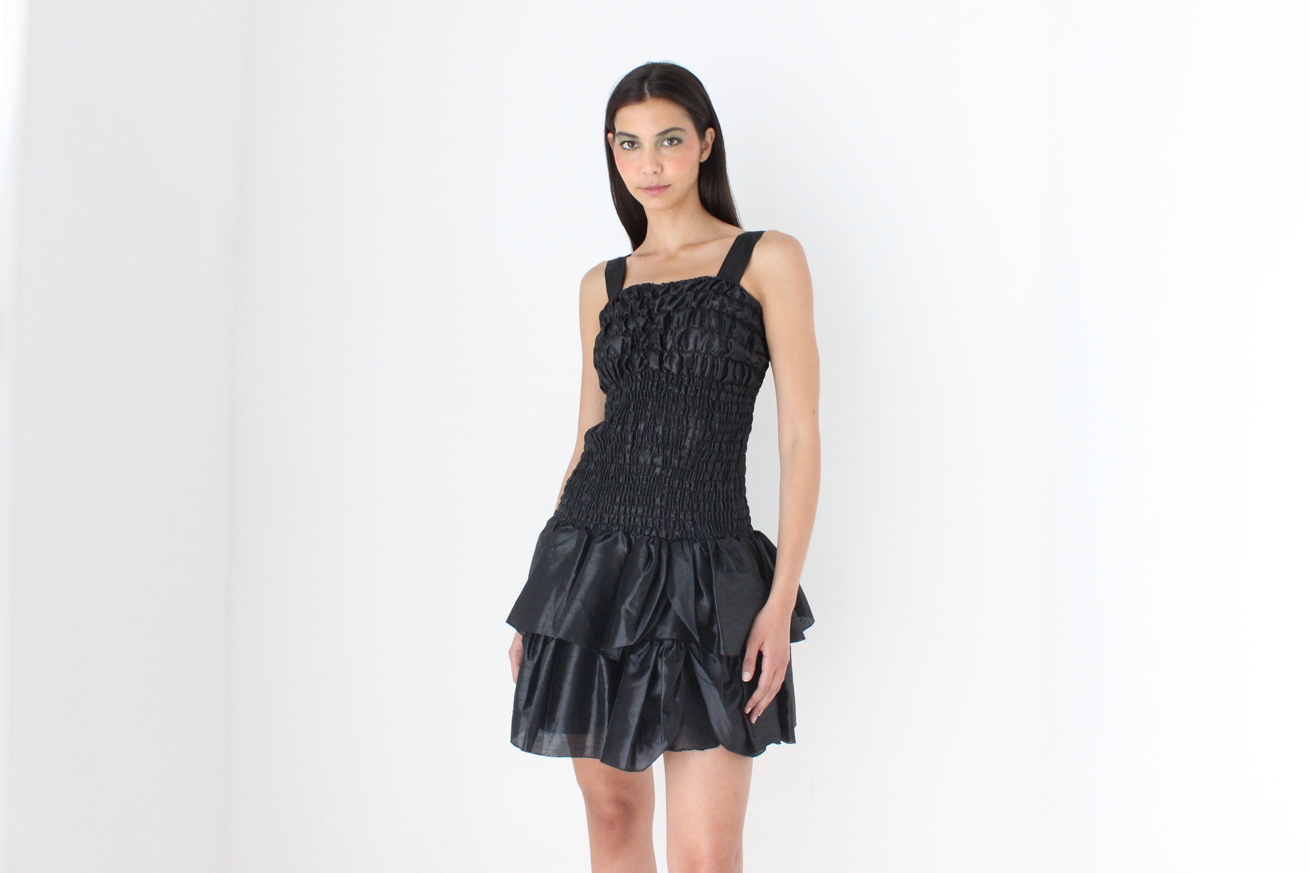 80s Spanish Origami Puff Ruffle Metallic Black Mini Dress