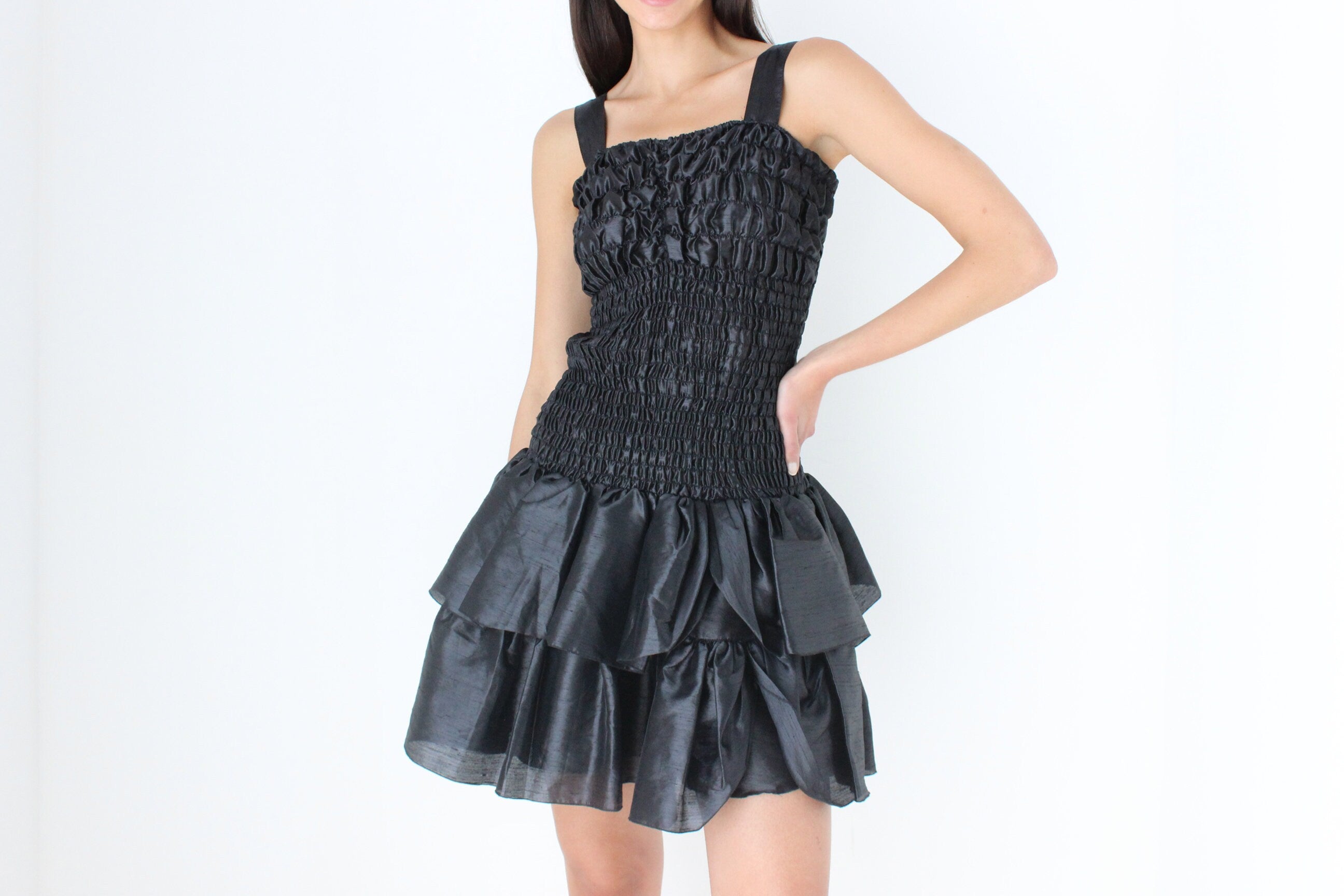 80s Spanish Origami Puff Ruffle Metallic Black Mini Dress