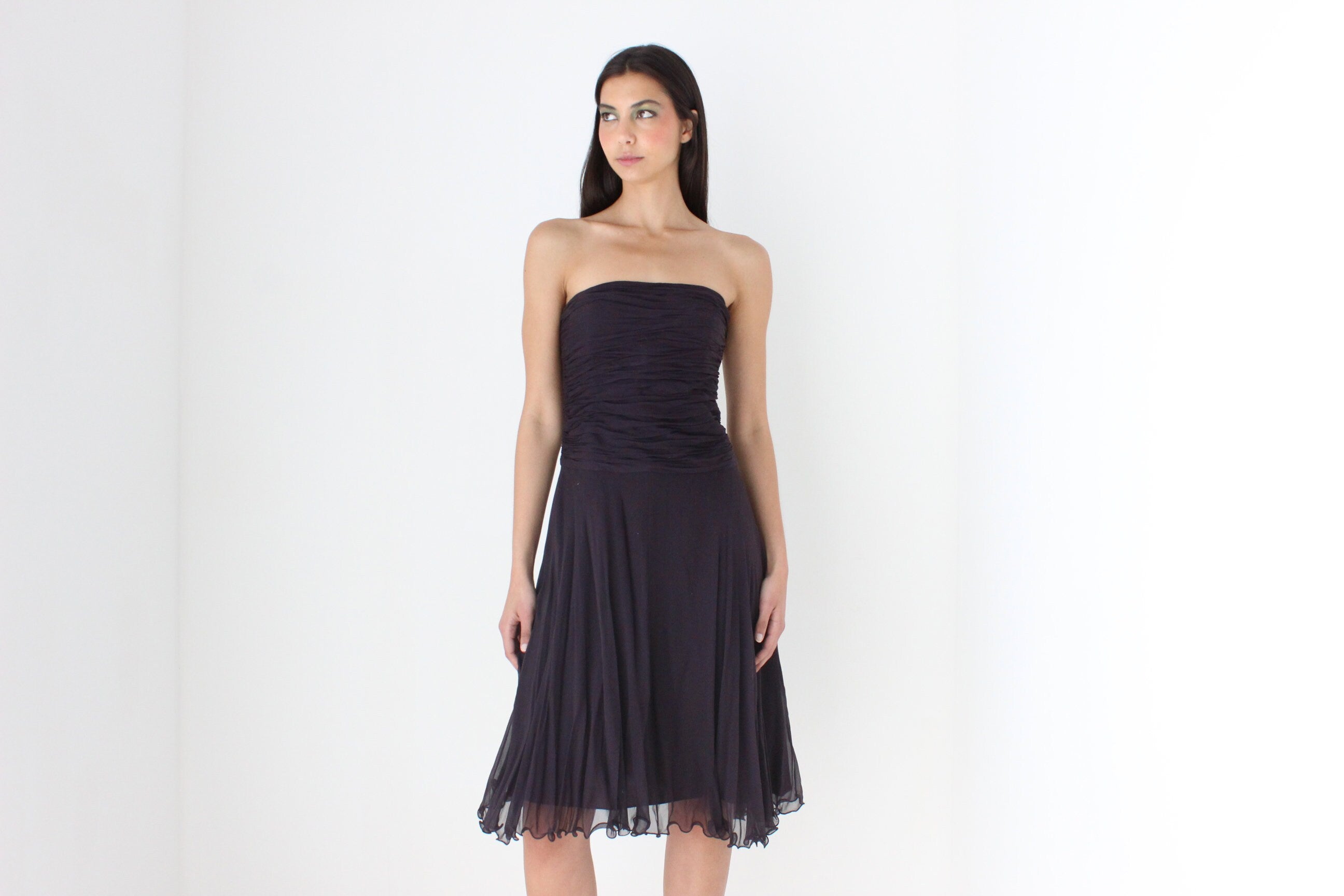 Y2K Pure Silk Deep Purple Strapless Cocktail Dress