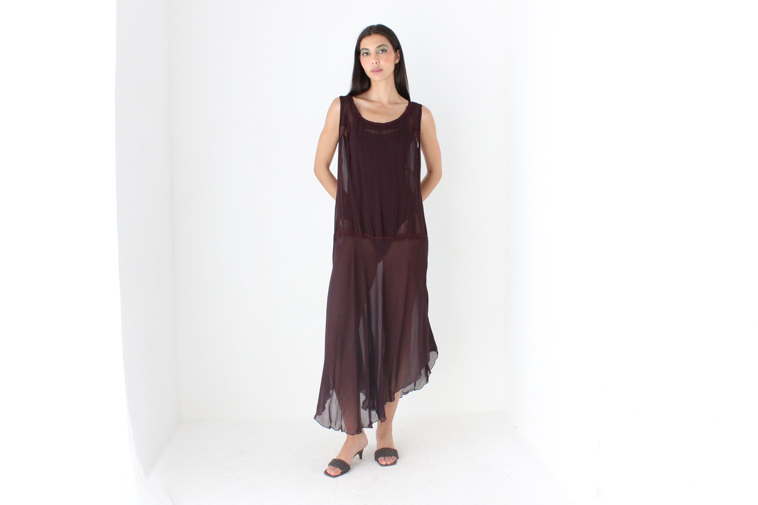 90s Sheer Grunge Eggplant Chiffon Gauze Sheath Dress