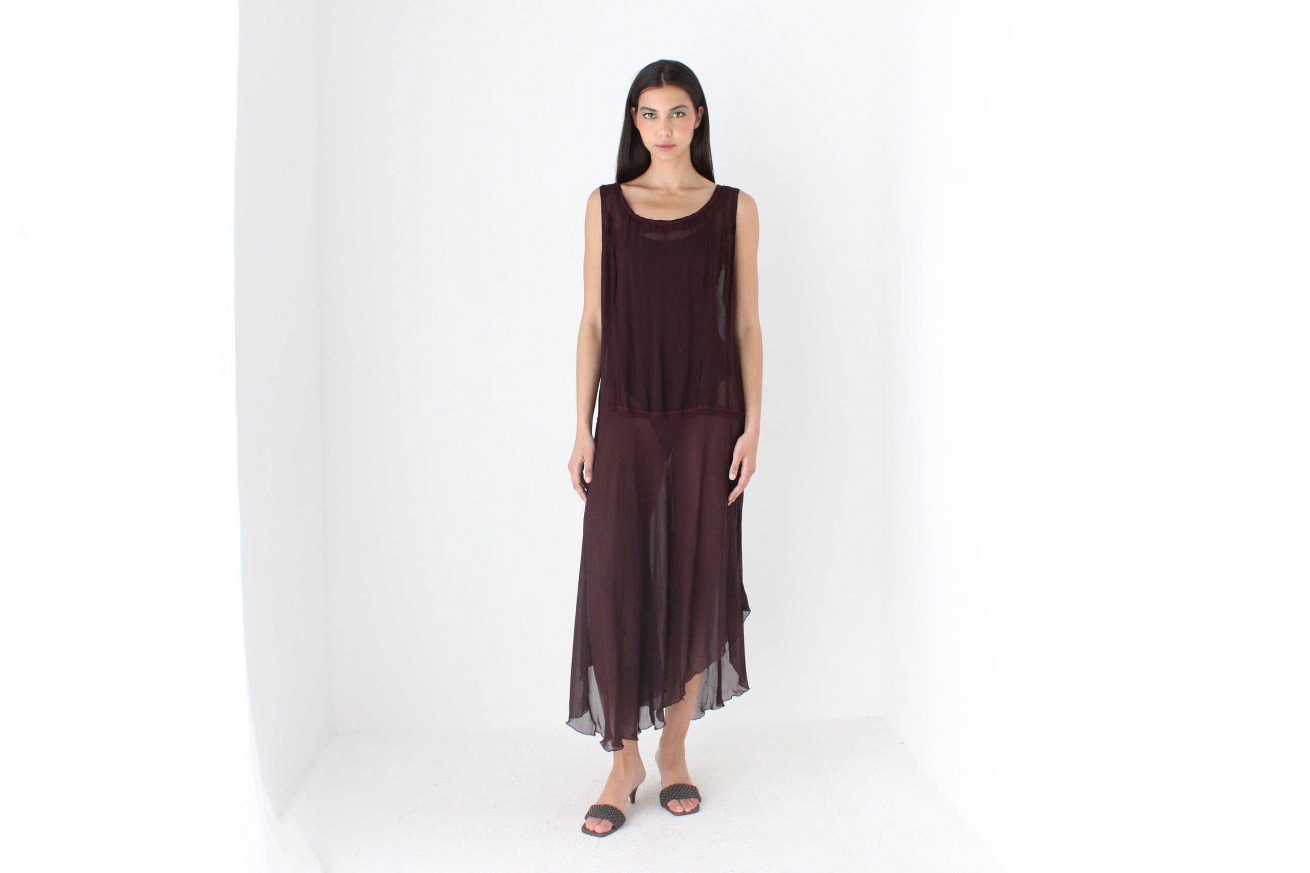 90s Sheer Grunge Eggplant Chiffon Gauze Sheath Dress
