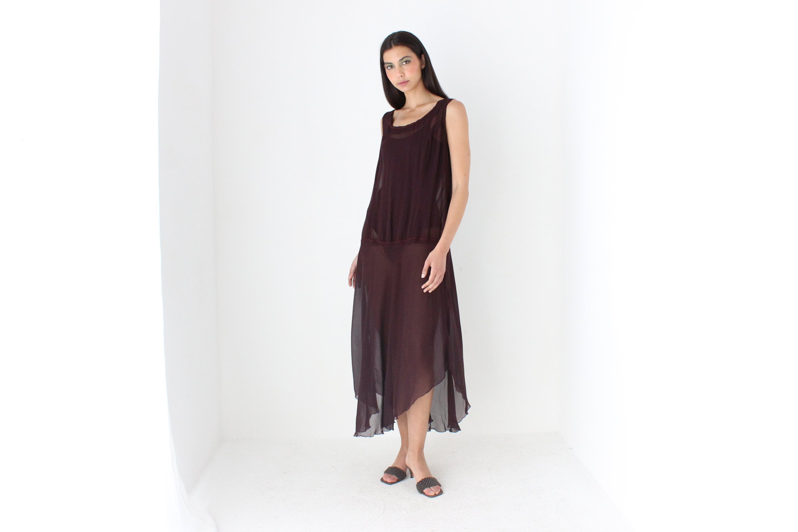 90s Sheer Grunge Eggplant Chiffon Gauze Sheath Dress