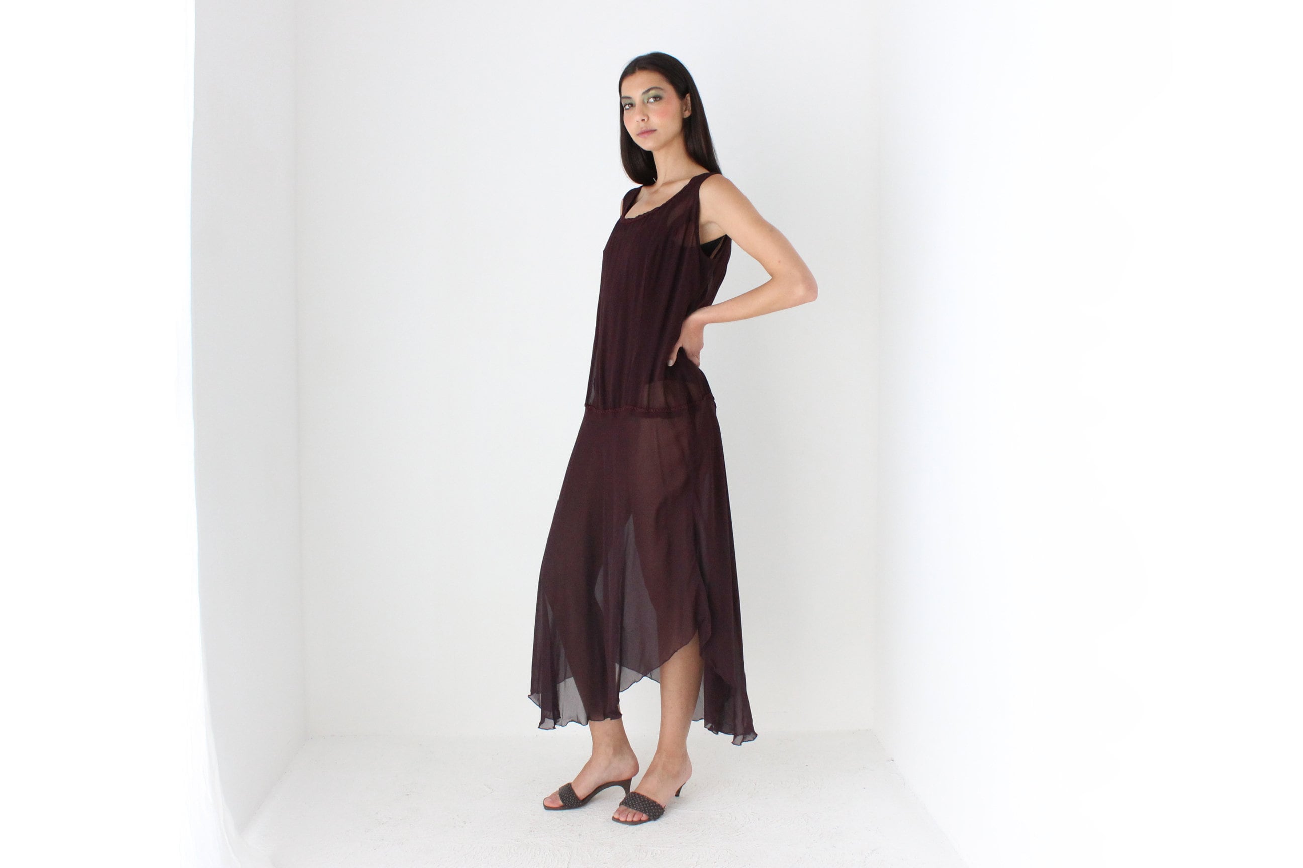 90s Sheer Grunge Eggplant Chiffon Gauze Sheath Dress