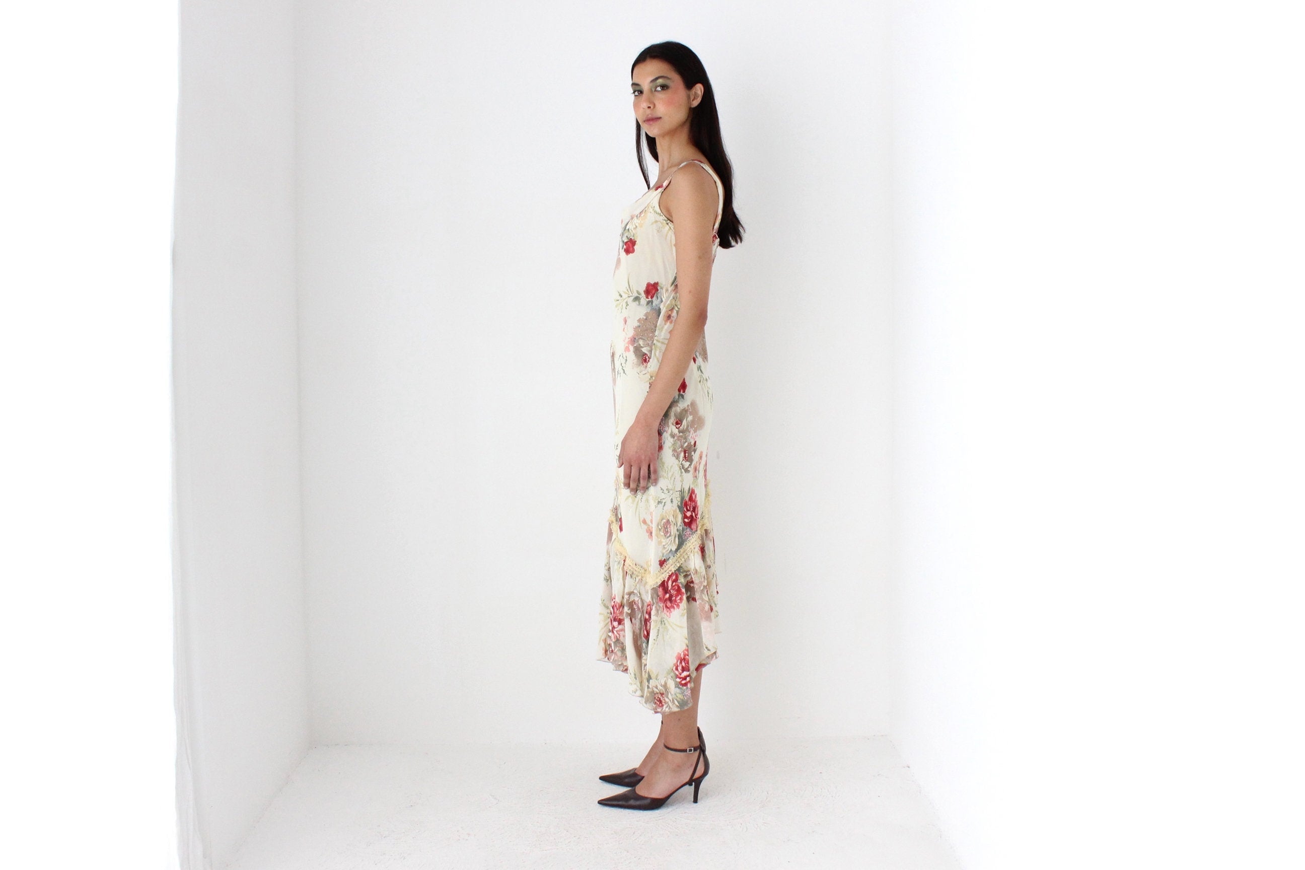 Y2K Spanish Asymmetric Floral Bias Cut Dress