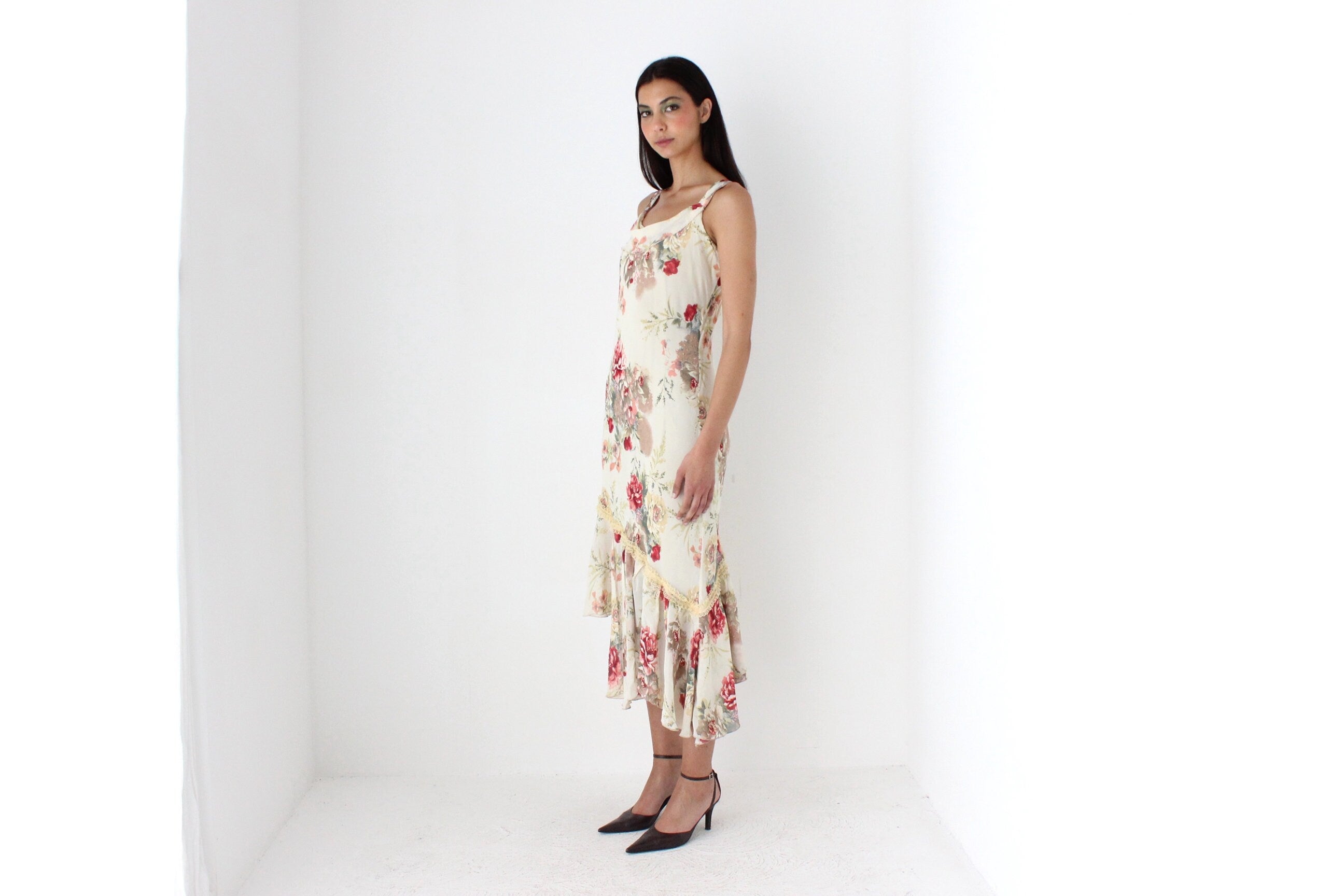 Y2K Spanish Asymmetric Floral Bias Cut Dress