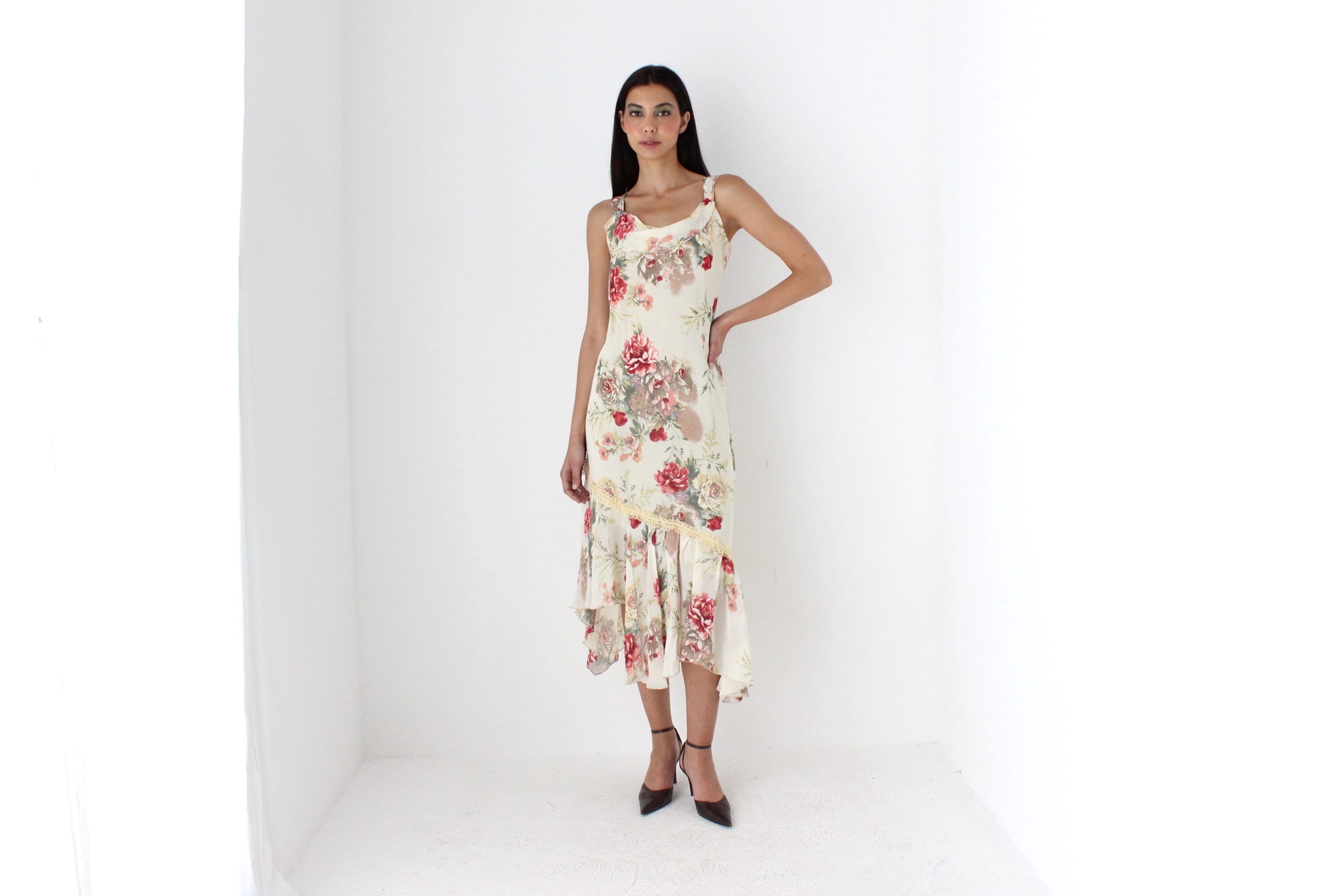 Y2K Spanish Asymmetric Floral Bias Cut Dress