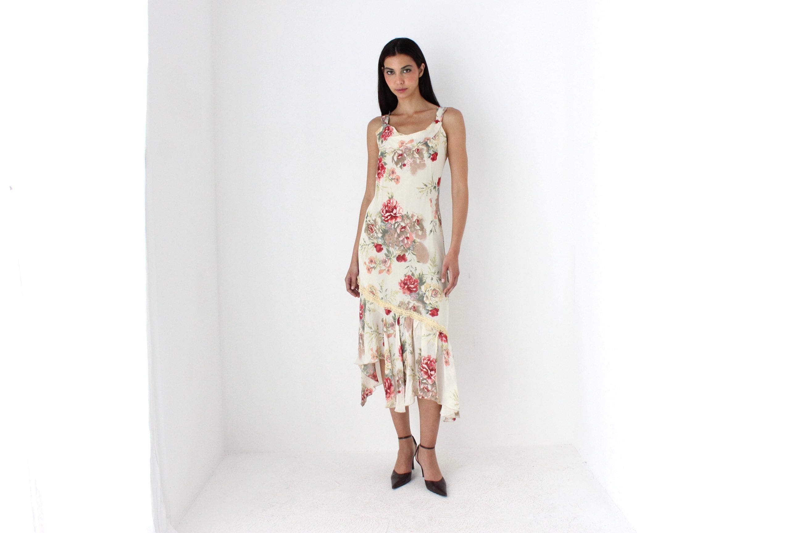 Y2K Spanish Asymmetric Floral Bias Cut Dress