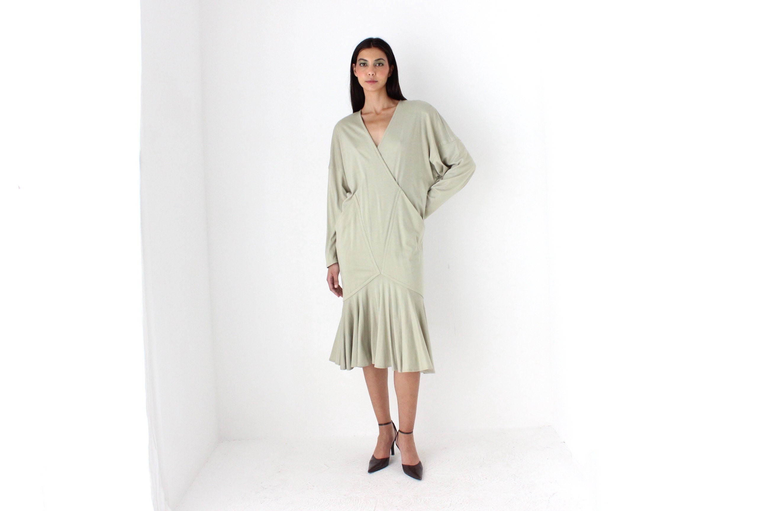 Avant Garde 80s Sage Green Draped Cocoon Dress