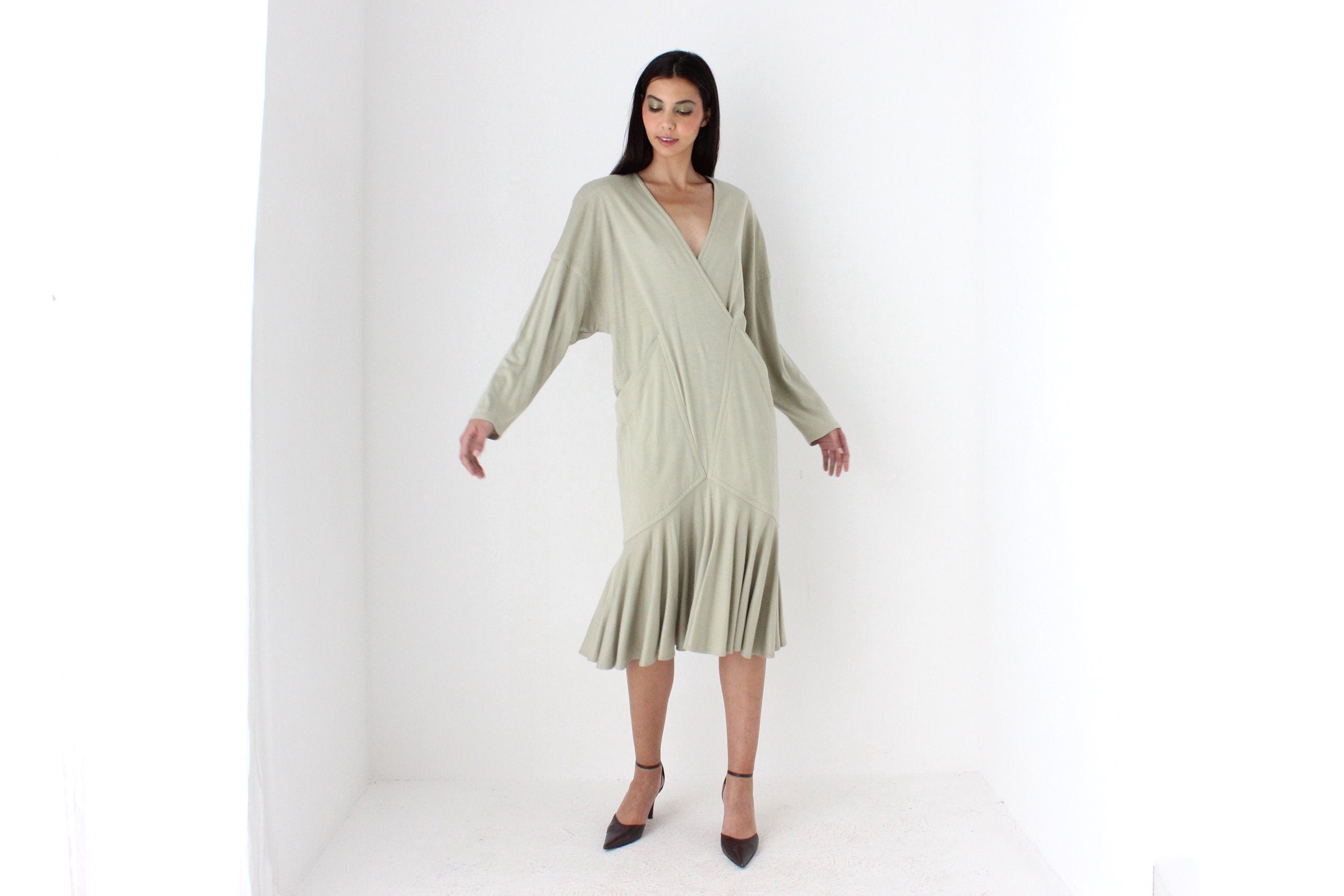 Avant Garde 80s Sage Green Draped Cocoon Dress