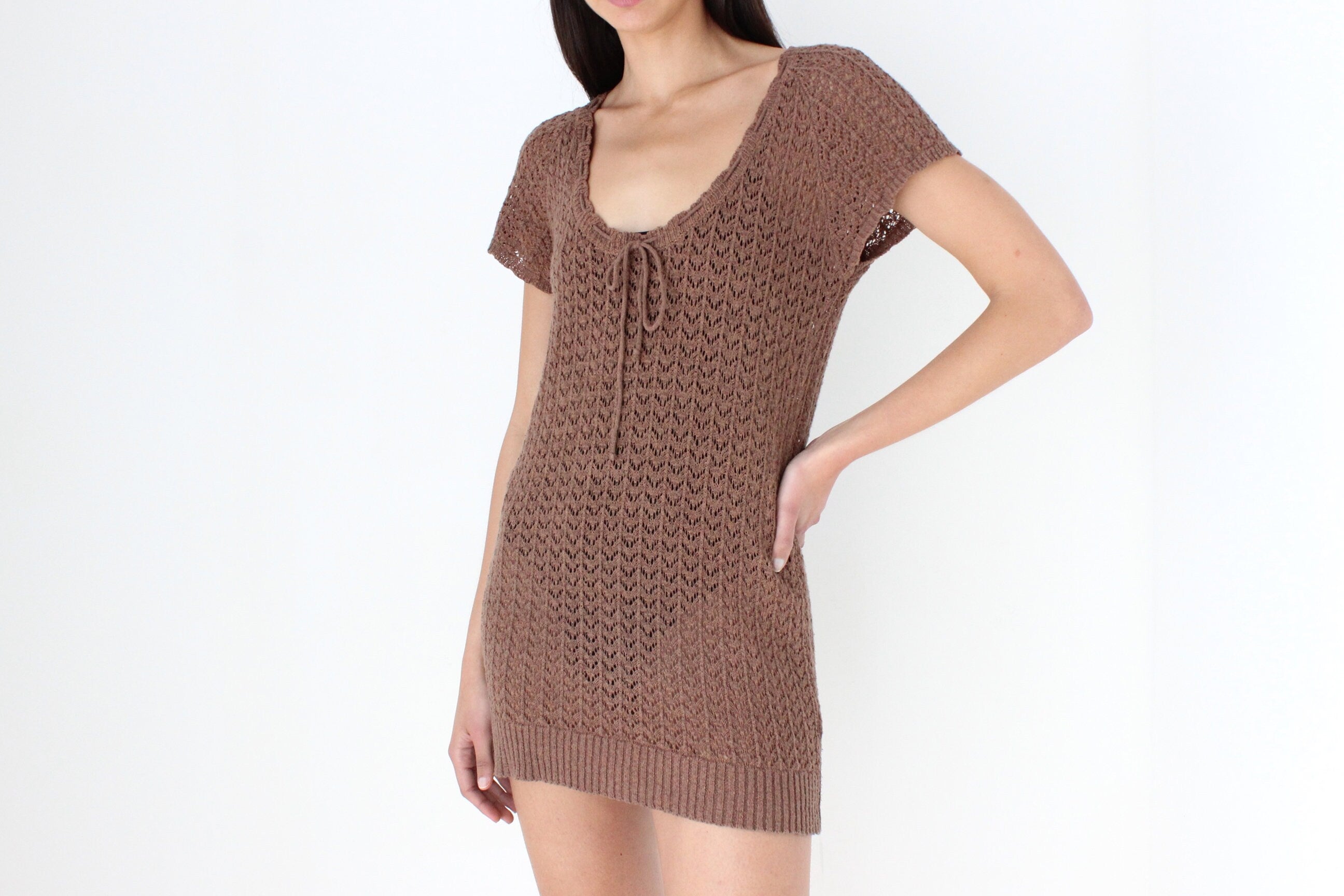 90s Caramel Crochet Knit Scoop Neck Mini Tee Dress or Top