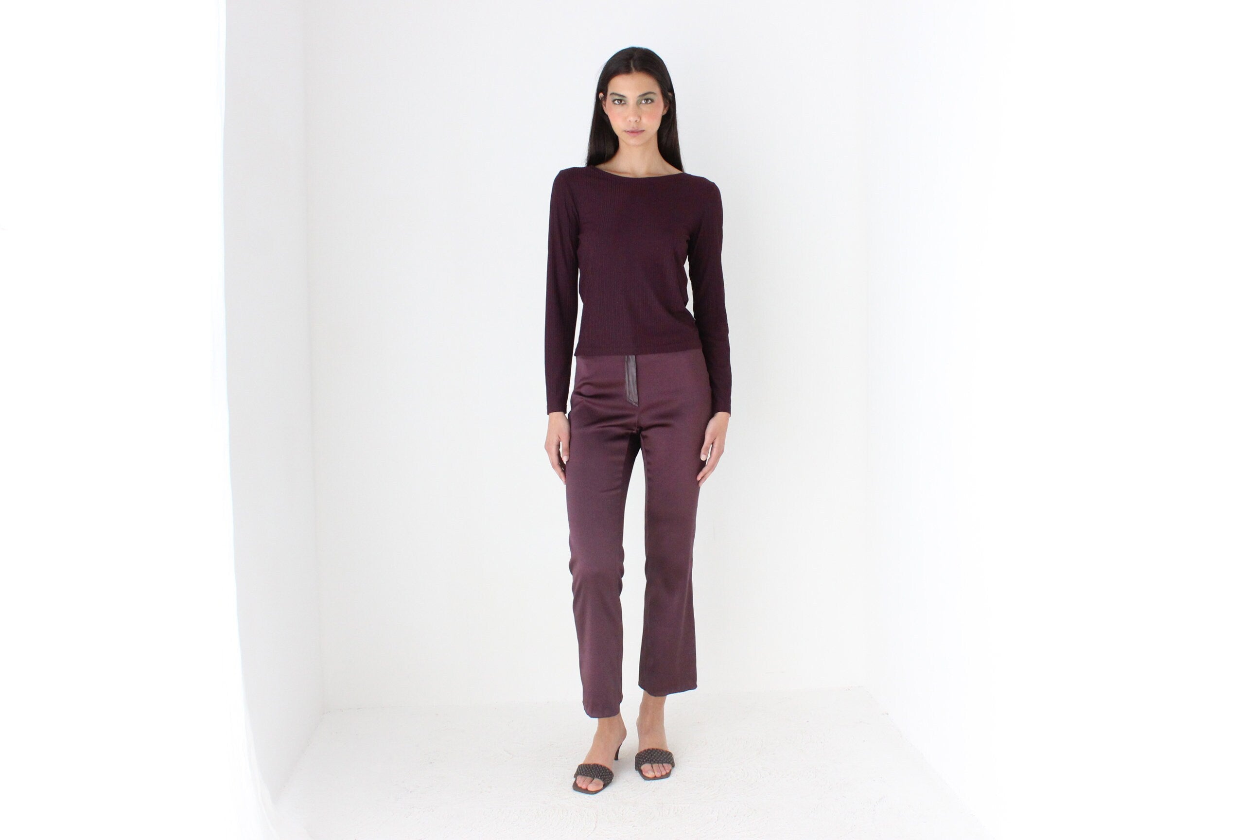90s Minimal Aubergine Lycra Blend Long Sleeve Top