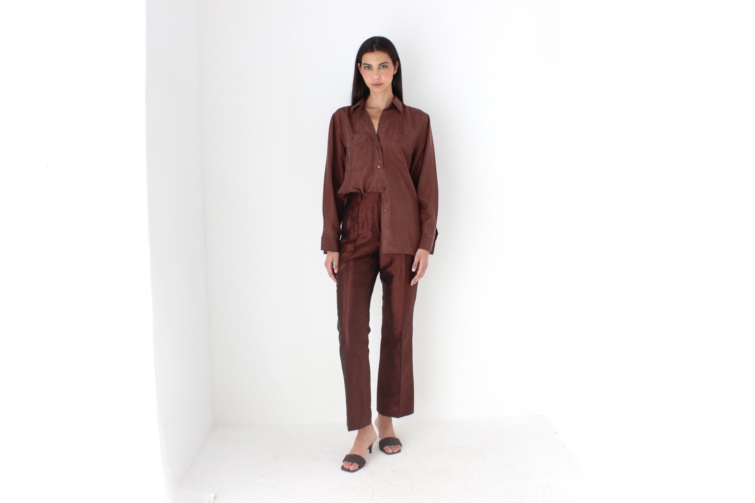 Heavenly 90s Raw Silk Iridescent Chocolate Trouser