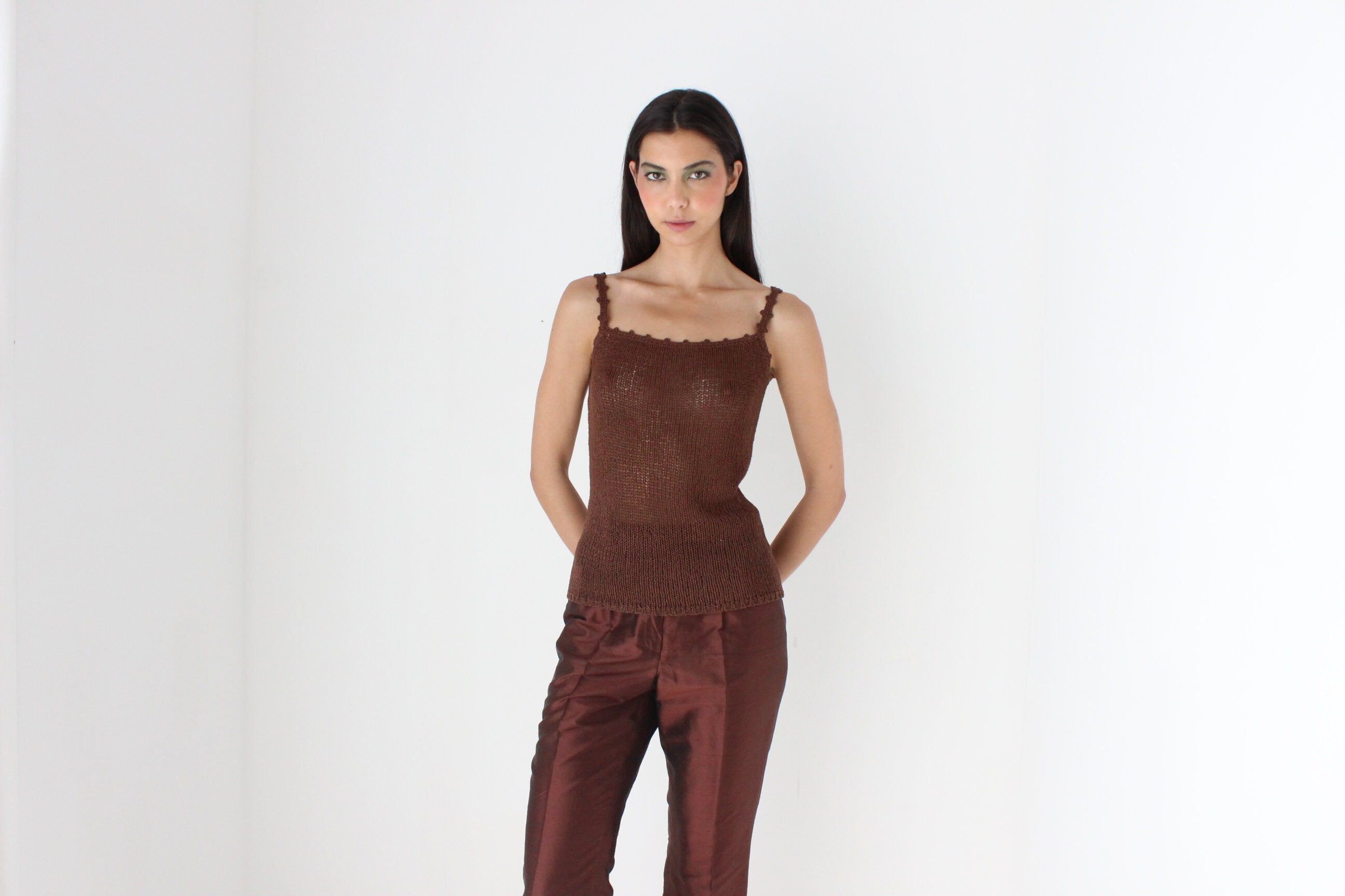 90s Elevated Crochet Knit Chocolate Tank Top
