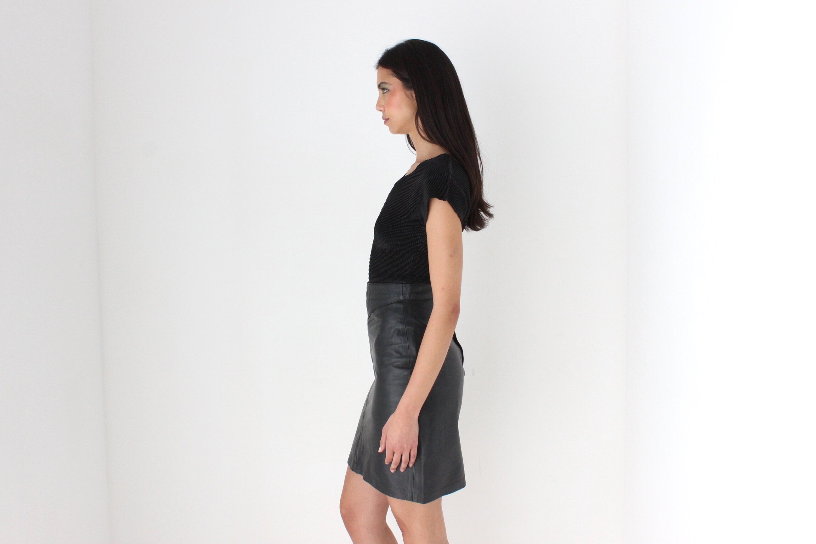 80s Black Leather Mini Pencil Skirt