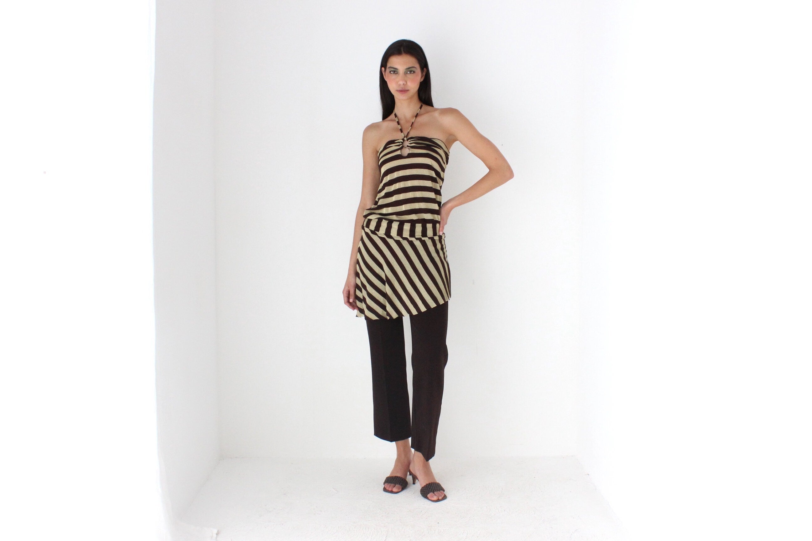 Y2K Striped Gold Glitter & Chocolate O-Ring Halter Neck Mini
