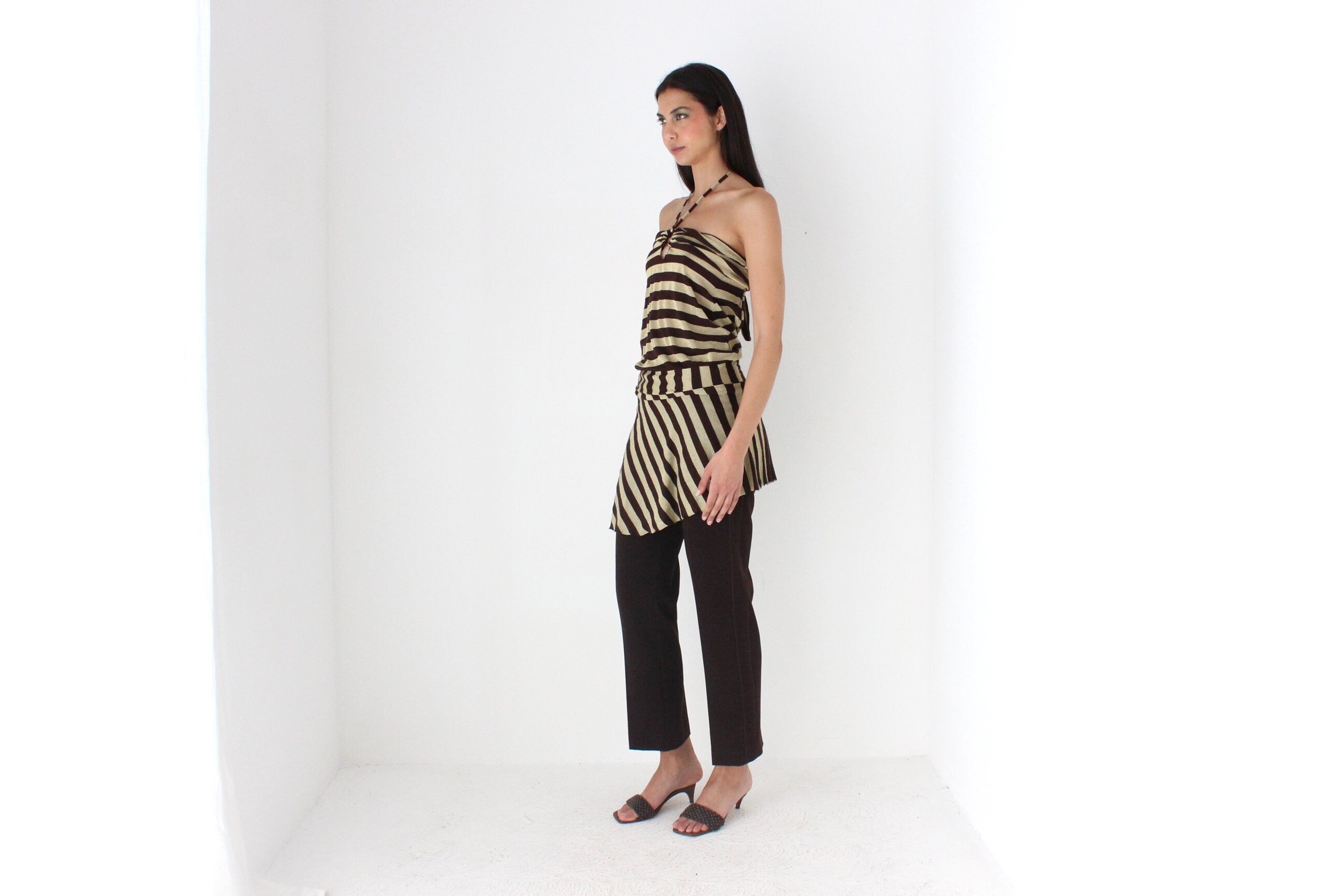 Y2K Striped Gold Glitter & Chocolate O-Ring Halter Neck Mini