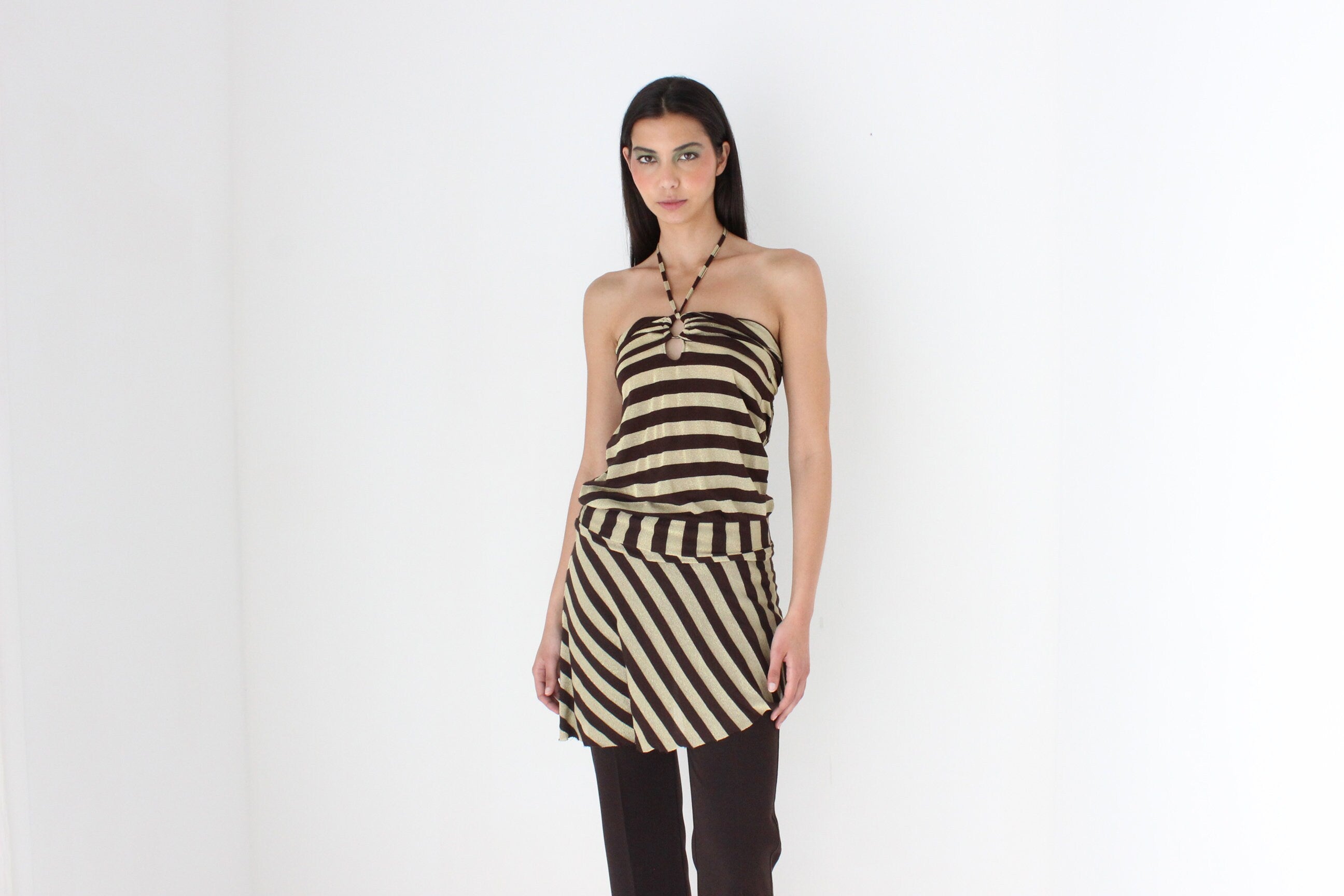 Y2K Striped Gold Glitter & Chocolate O-Ring Halter Neck Mini