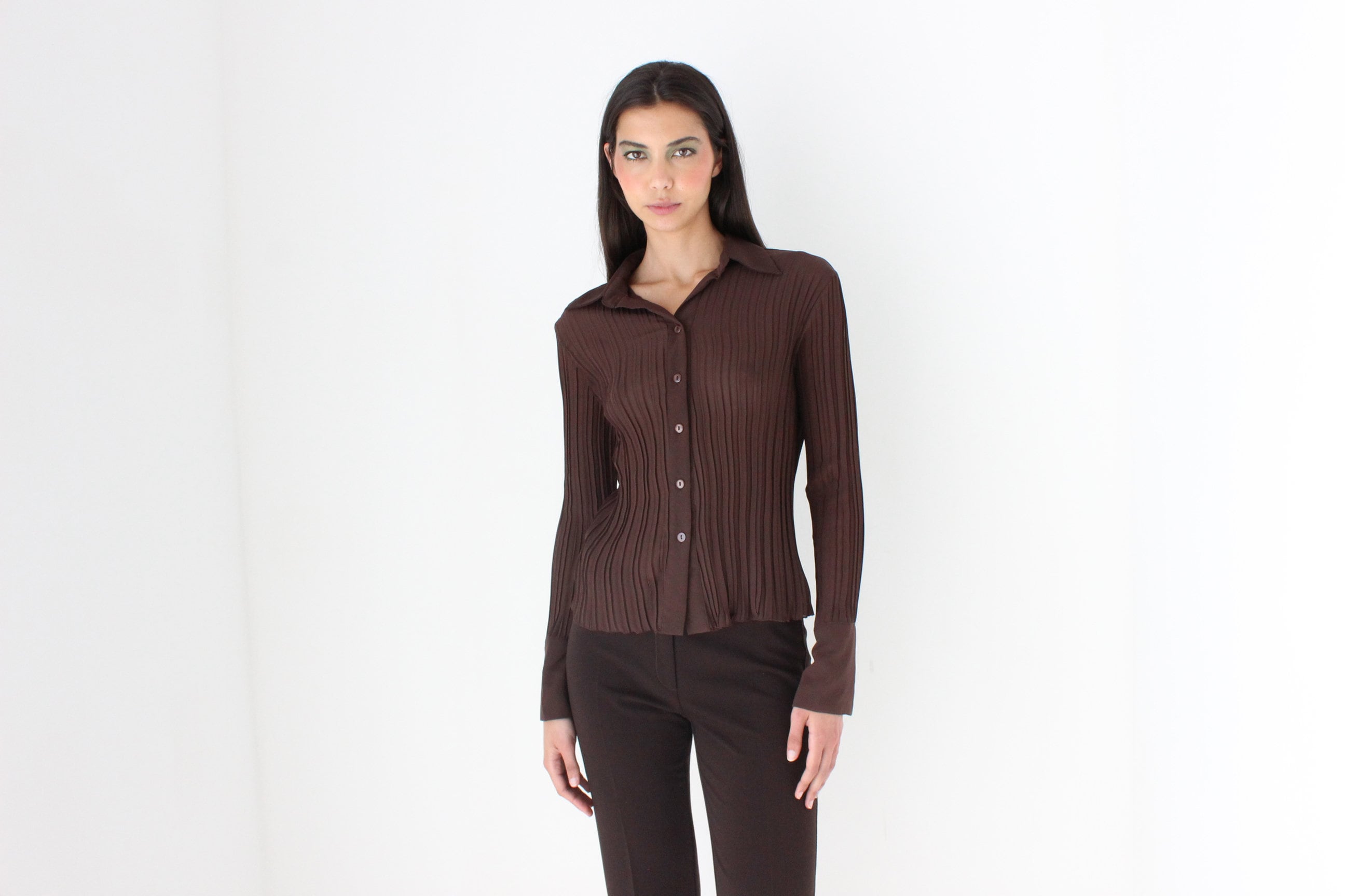 Y2K Sheer Chocolate Origami Pleated Textured Blouse