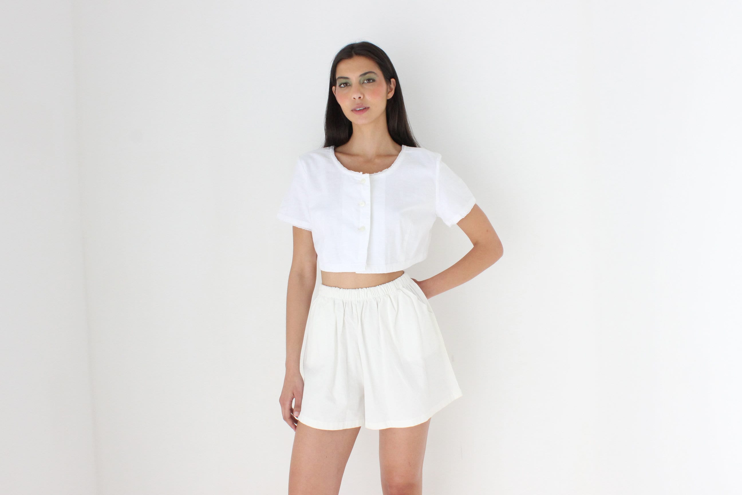 Antique Italian Cotton White Smock Crop Top