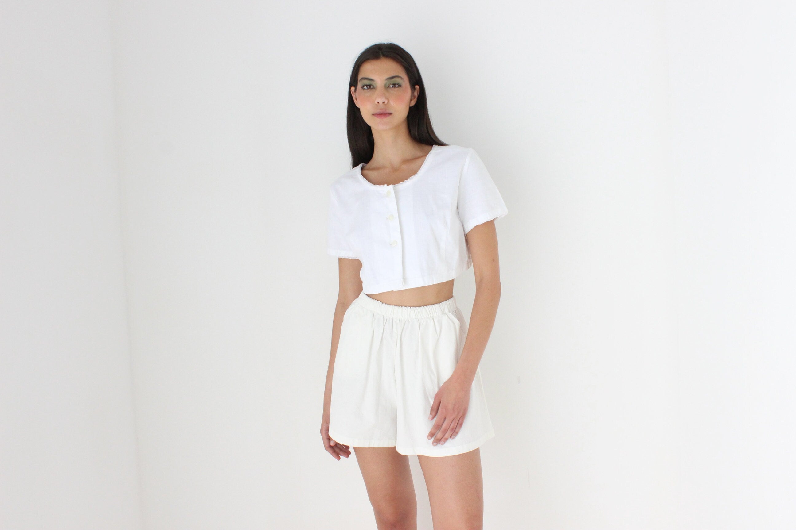Antique Italian Cotton White Smock Crop Top