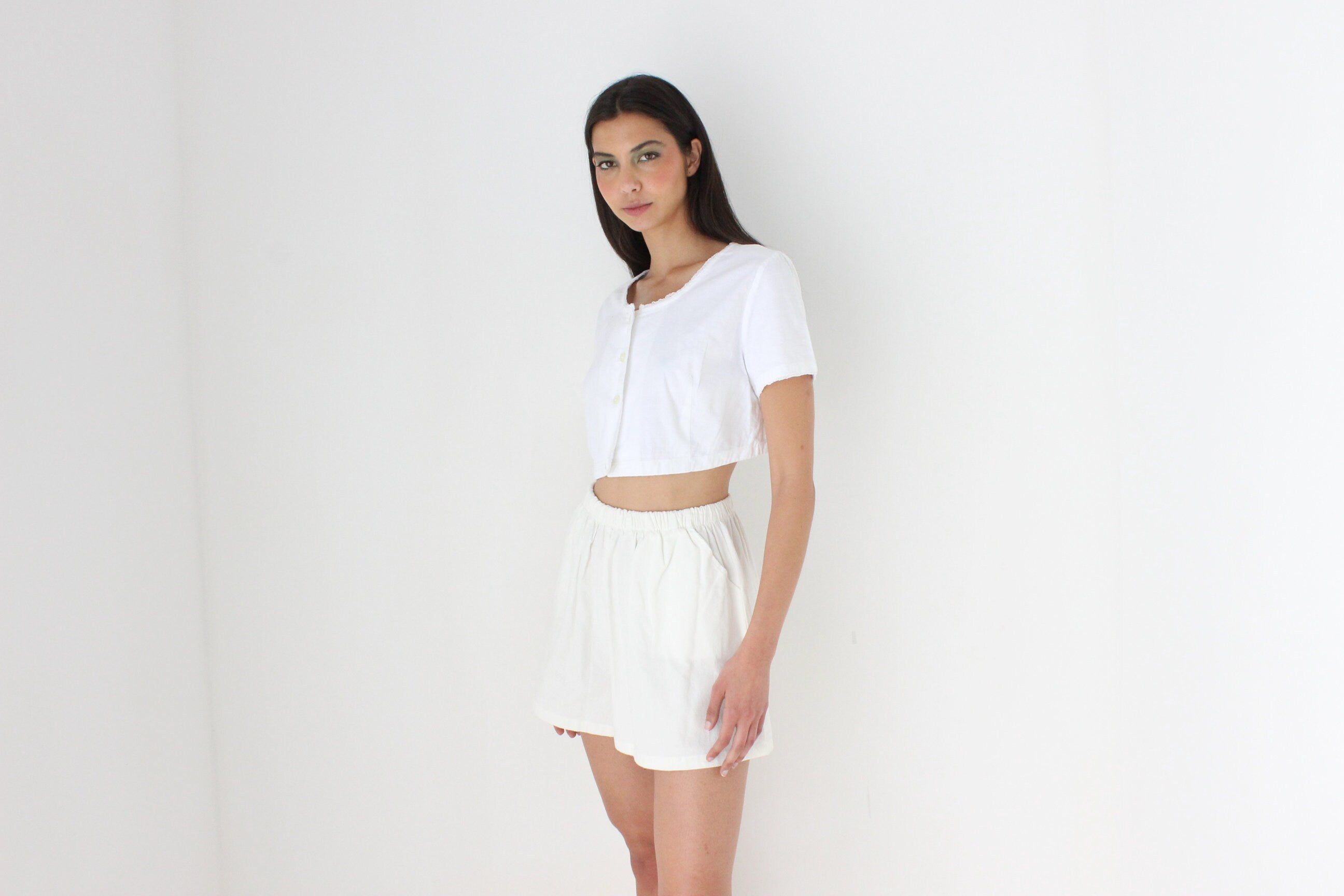 Antique Italian Cotton White Smock Crop Top