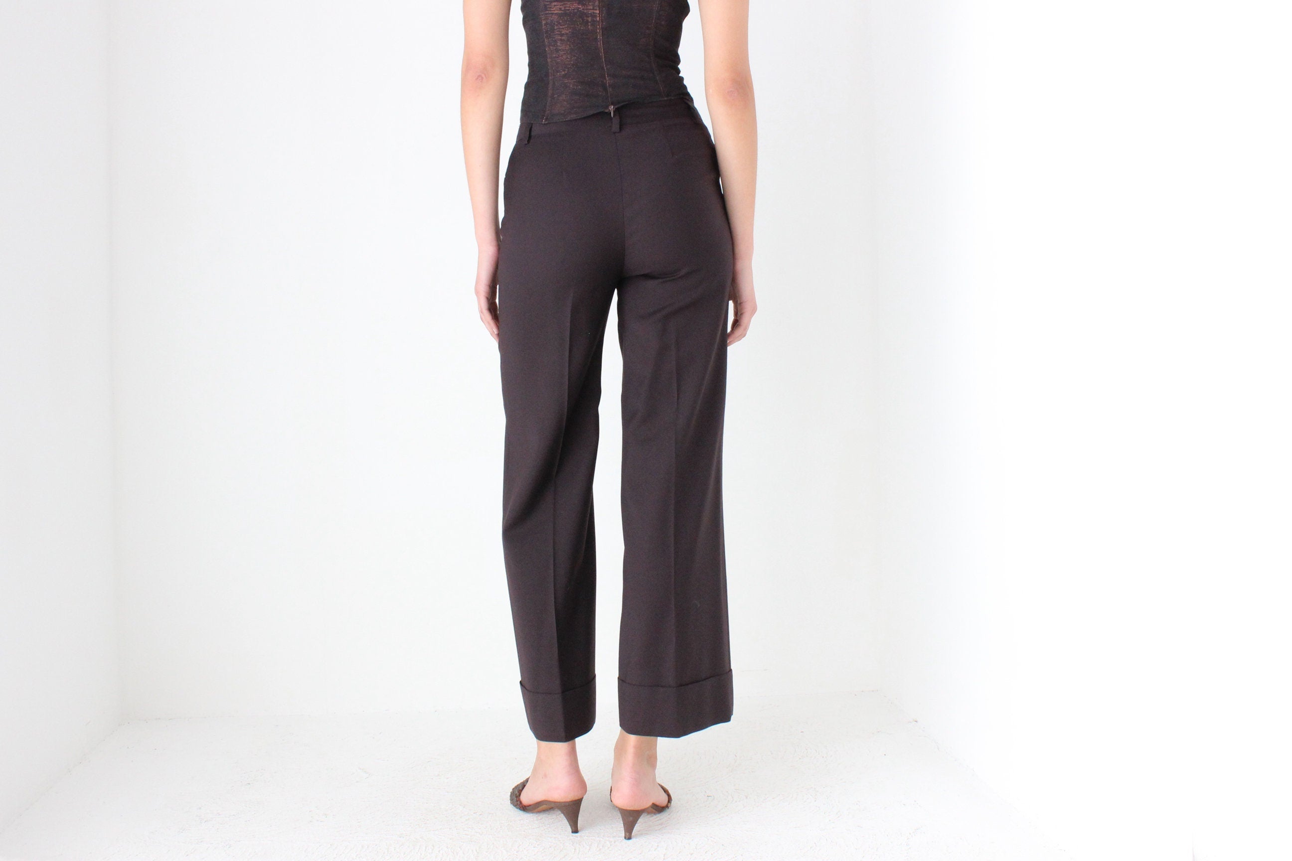90s Dolce & Gabbana Pure Wool Chocolate Wide Leg Pants