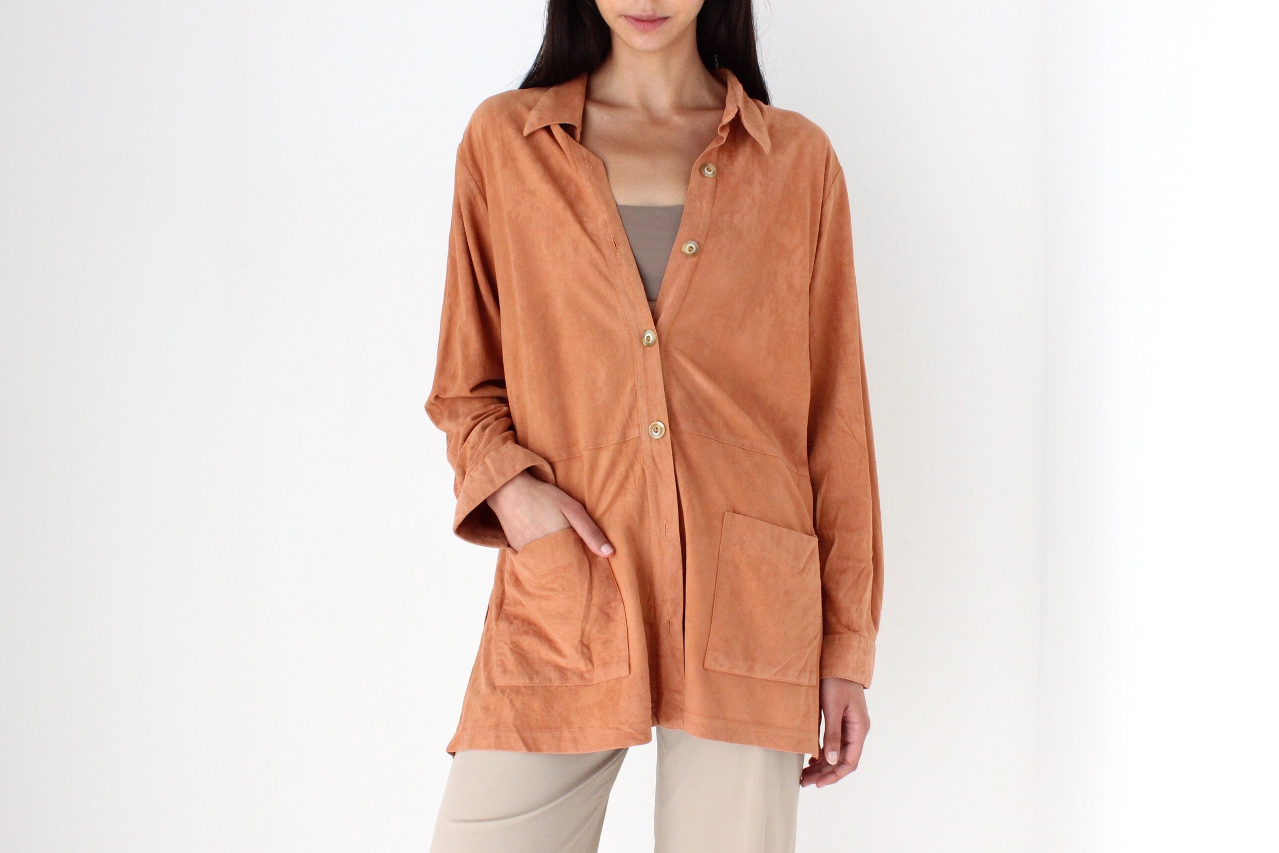 90s Salmon Suede-Feel Relaxed Oversized Shirt Jacket