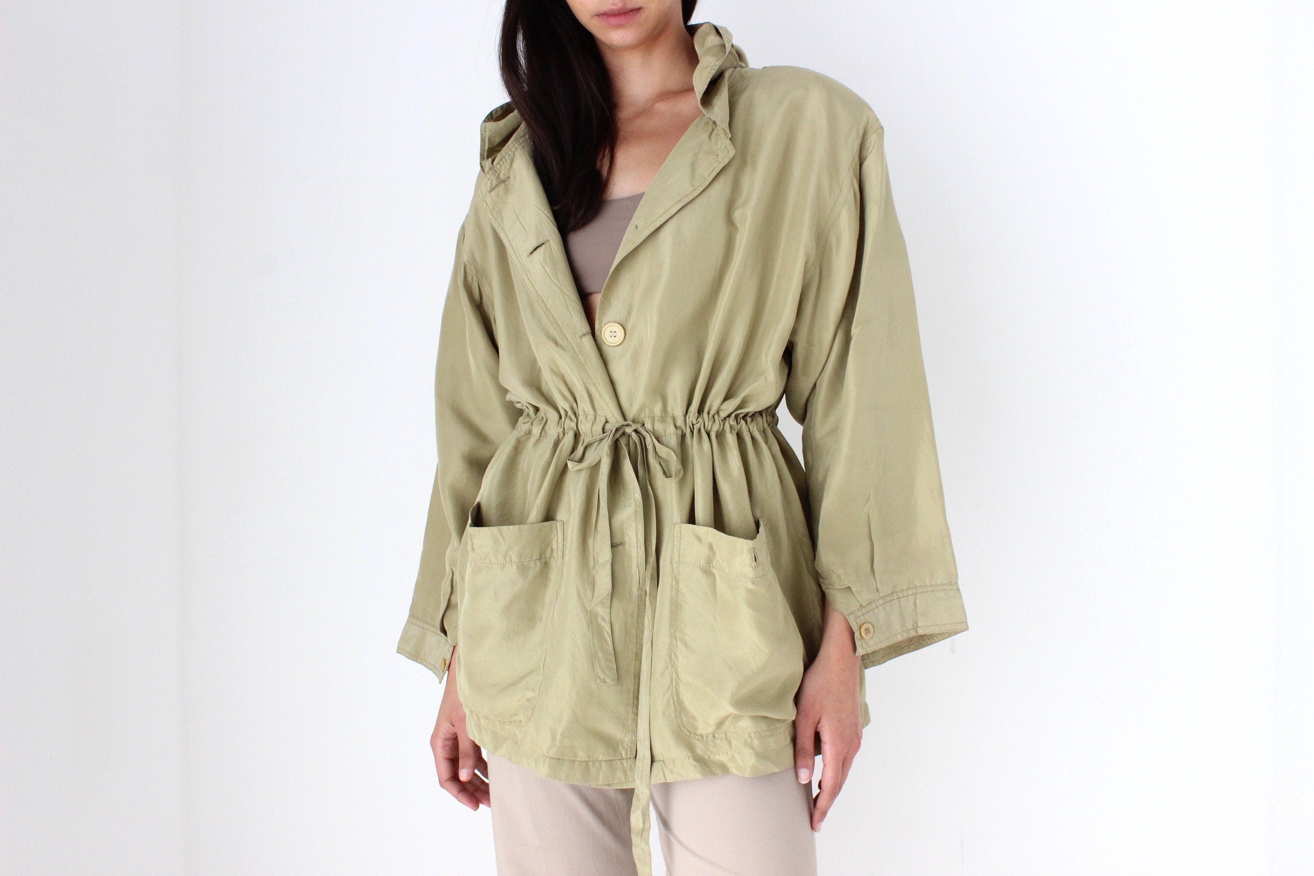 80s Pure Silk Olive Green Hooded Anorak