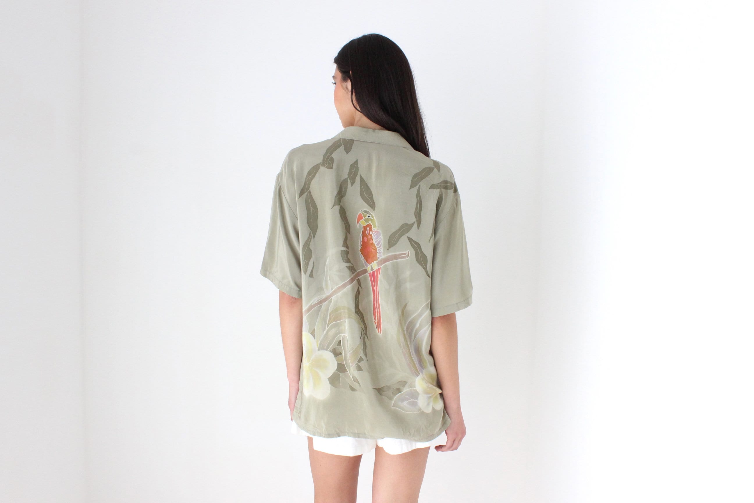 Handpainted 90s Batik Tropical Parrot Boxy Silk Shirt