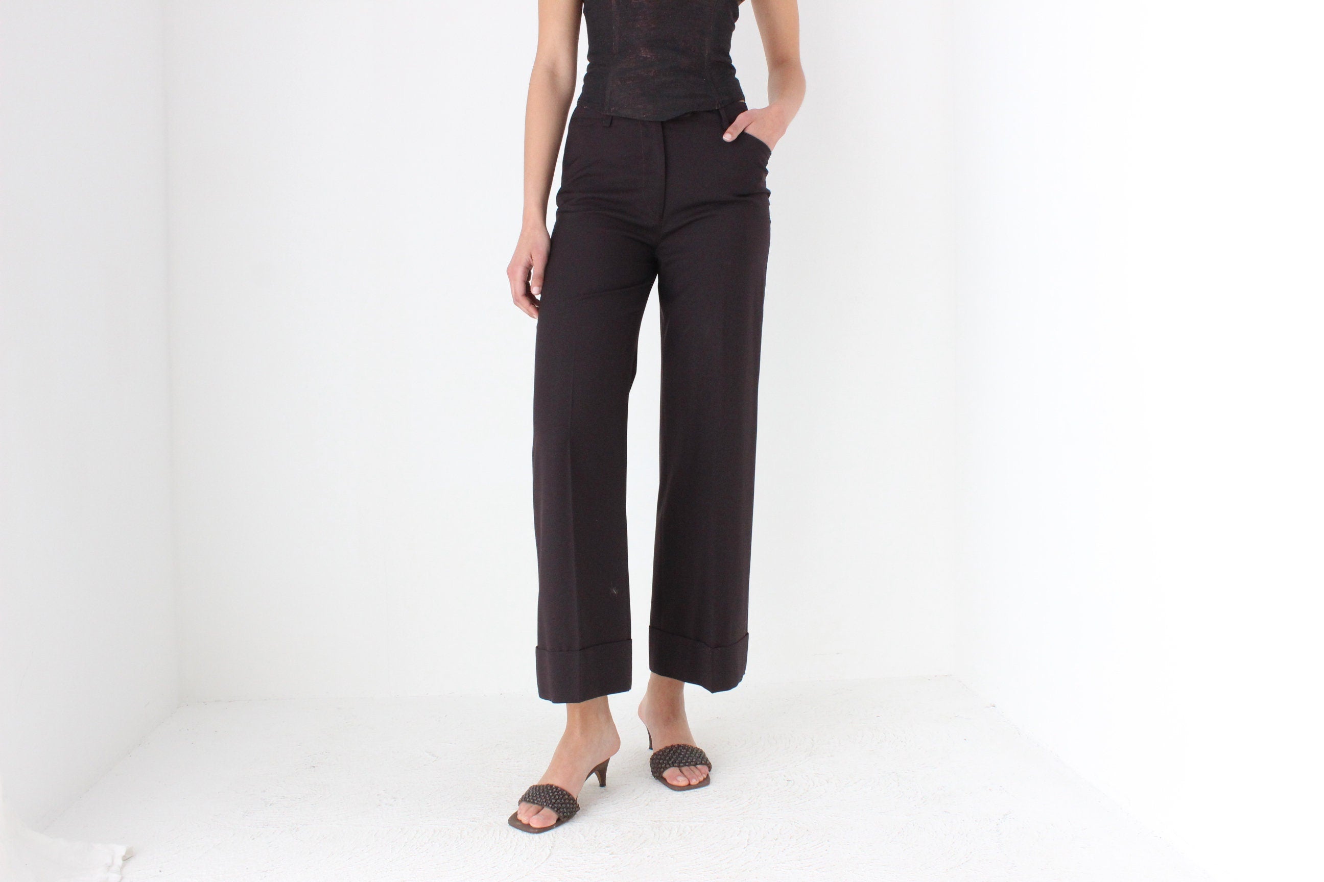 90s Dolce & Gabbana Pure Wool Chocolate Wide Leg Pants
