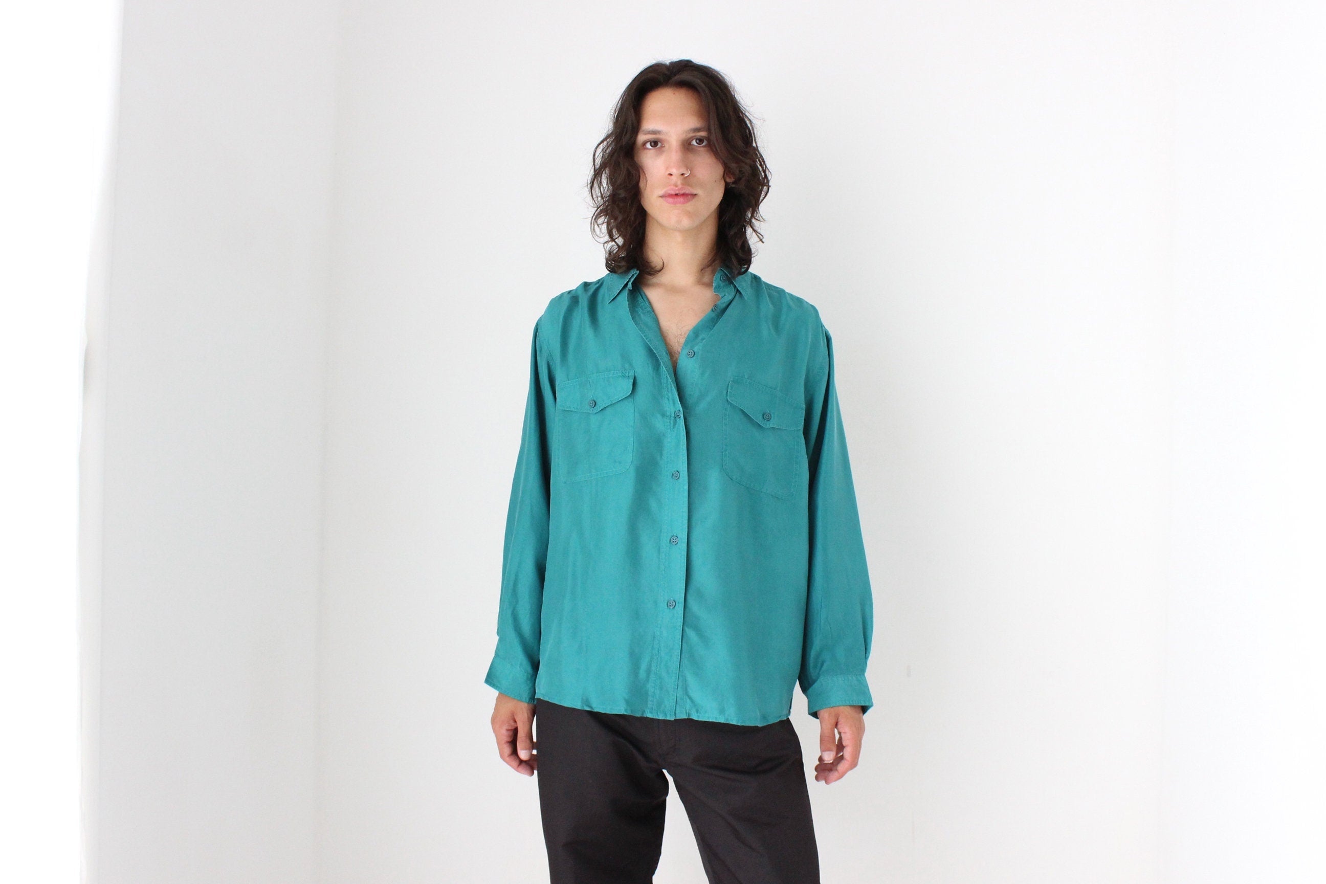 80s PURE SILK Double Pocket Long Sleeve Shirt in Turquoise