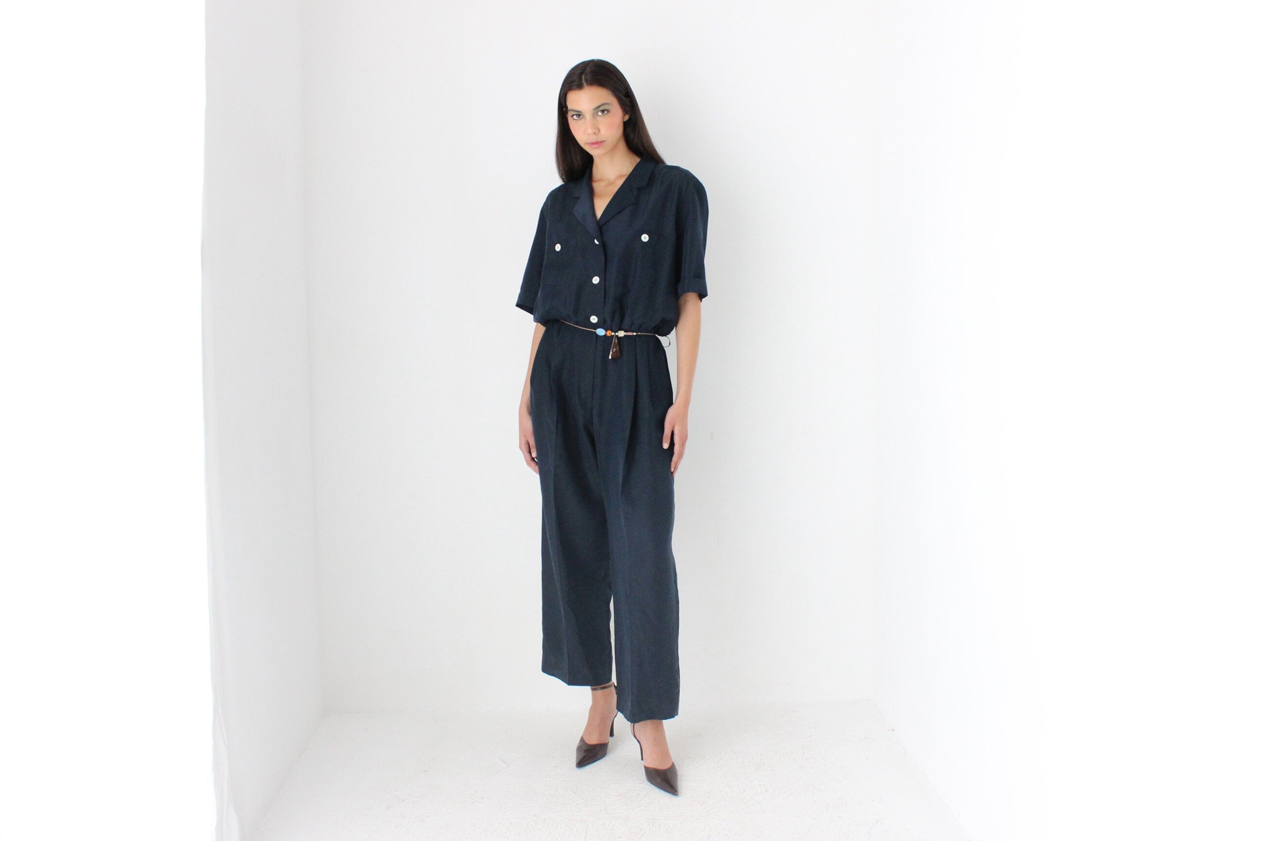 80s Pure Silk Midnight Blue Relaxed Jumpsuit