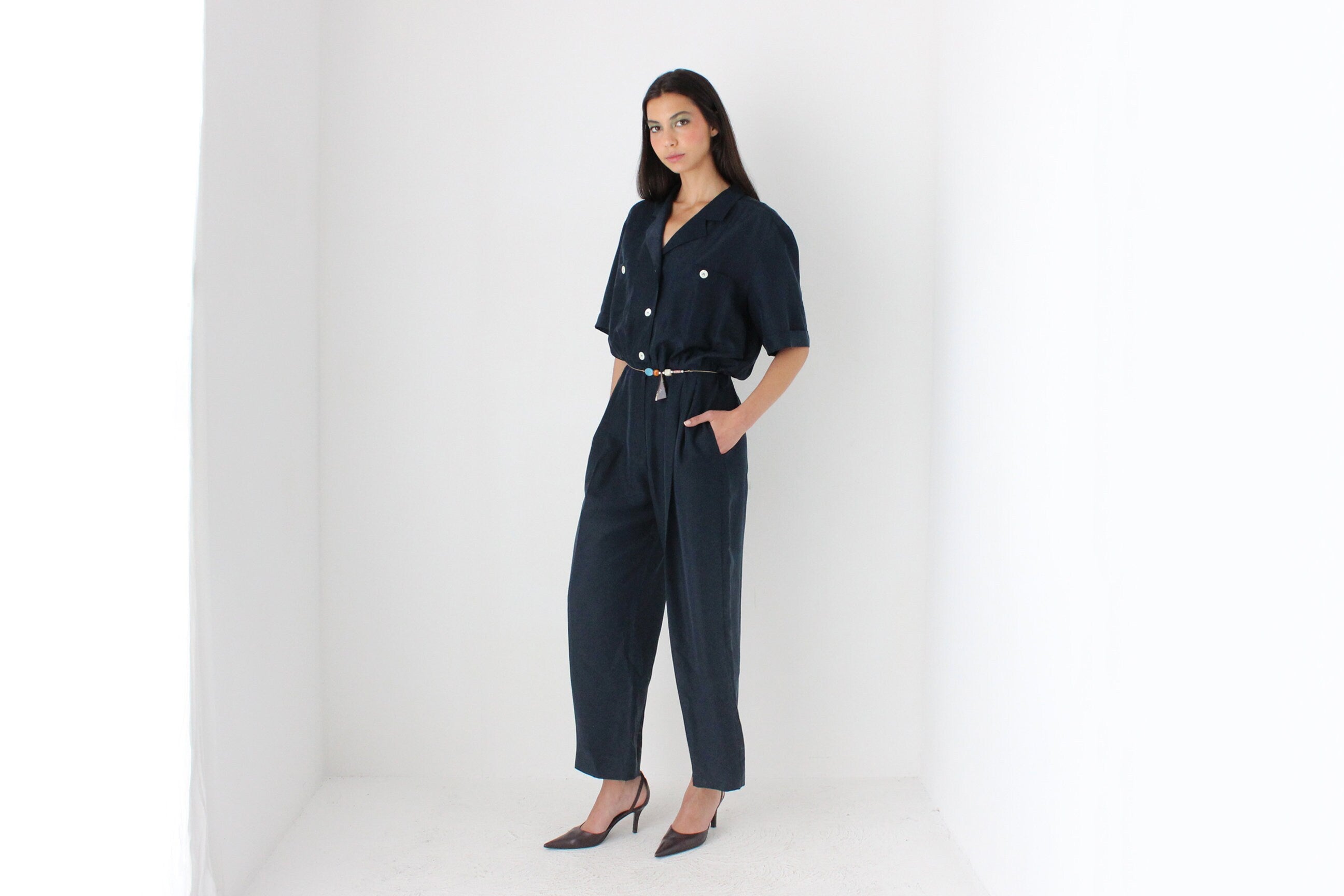 80s Pure Silk Midnight Blue Relaxed Jumpsuit