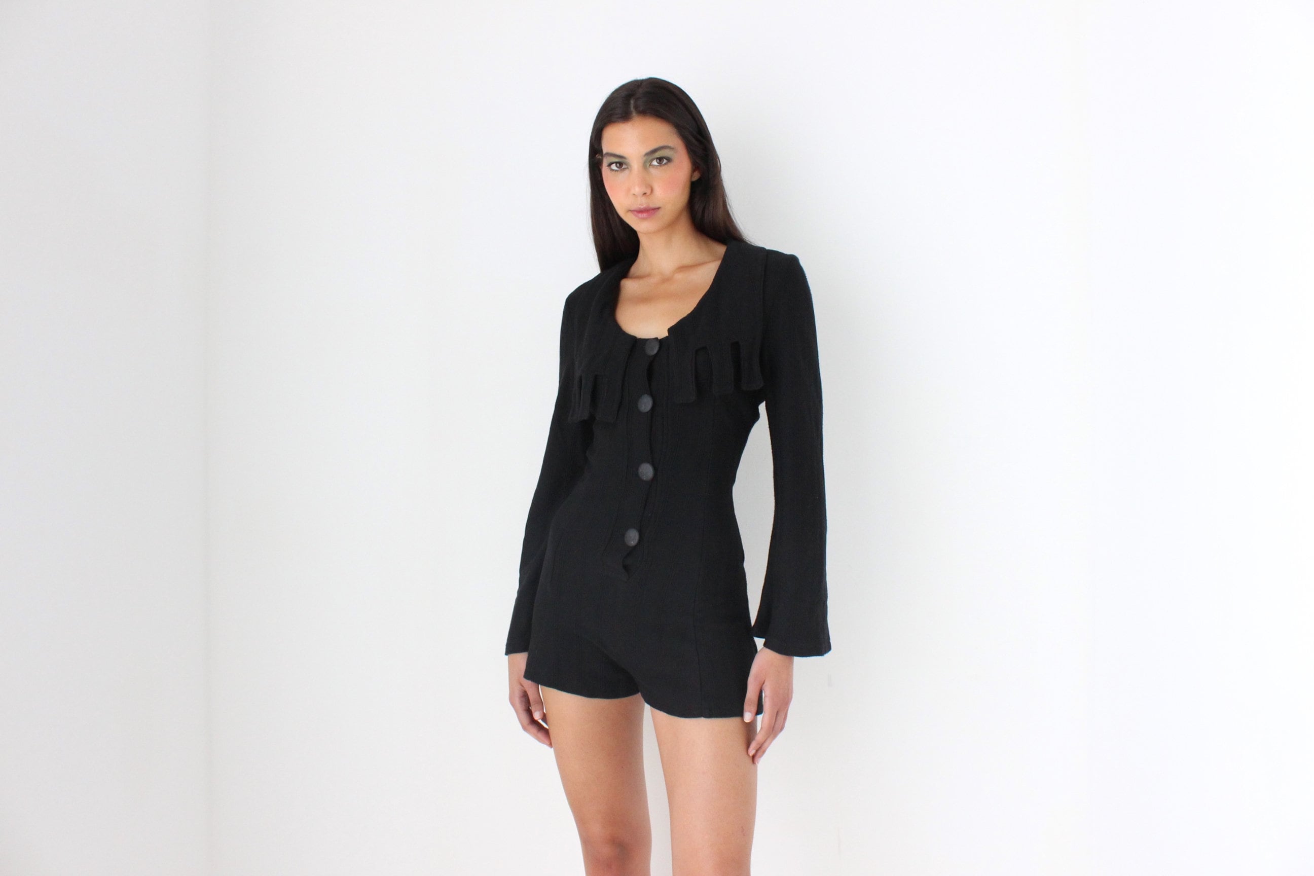 Incredible 80s Black Romper Jumpsuit w/ 'Medieval' Collar