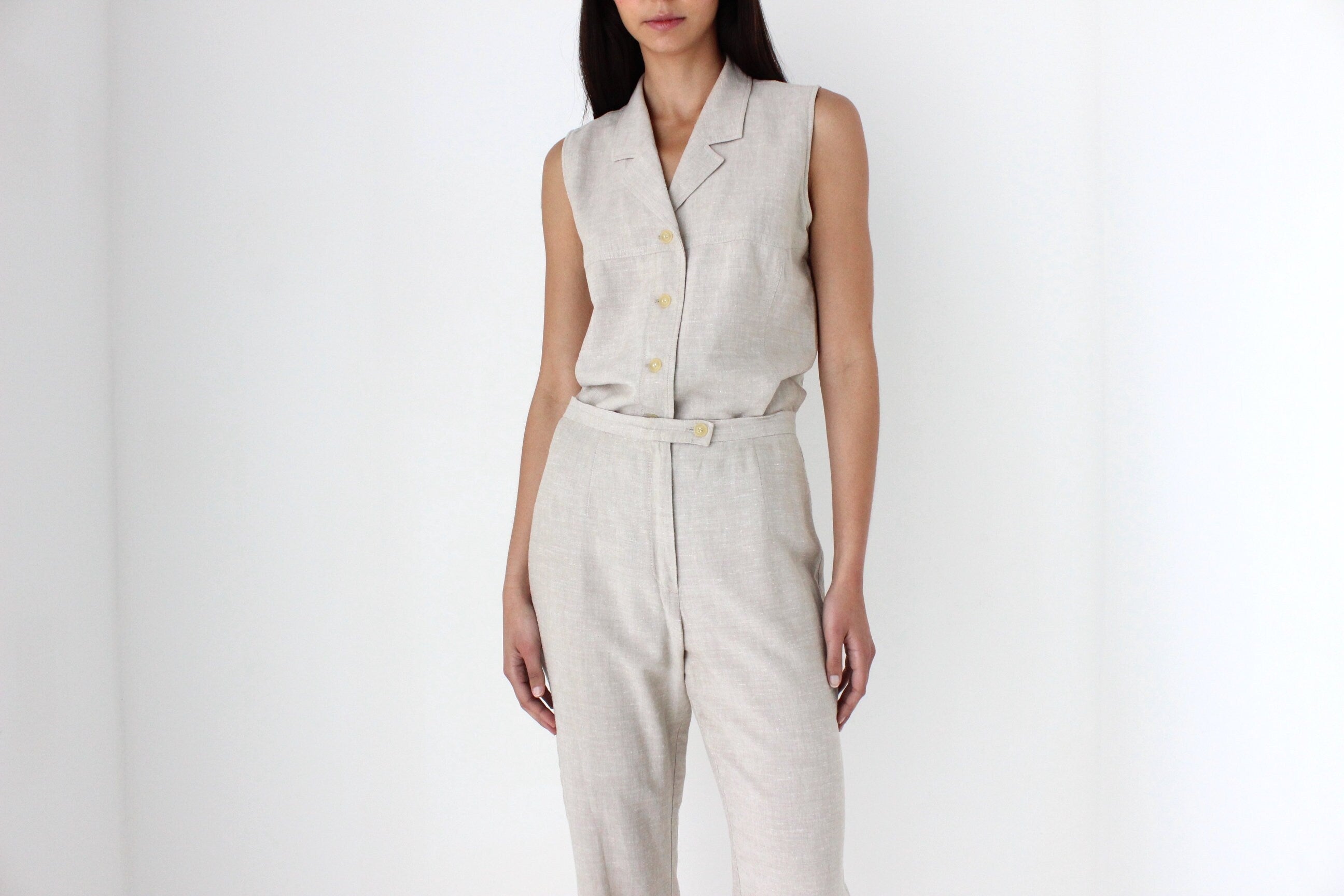 90s Minimal Beige Linen Waistcoat & Trouser Set