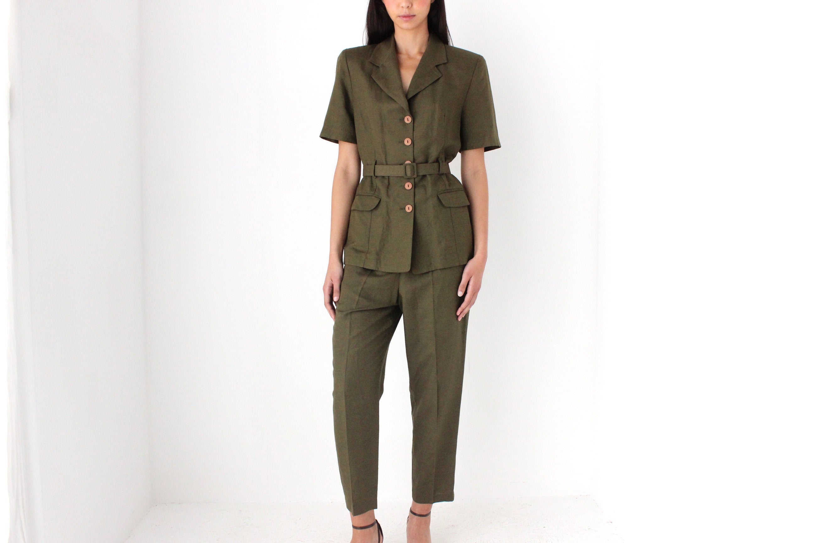 Elegant 90s Belted Shirt & Trouser Two Piece Set