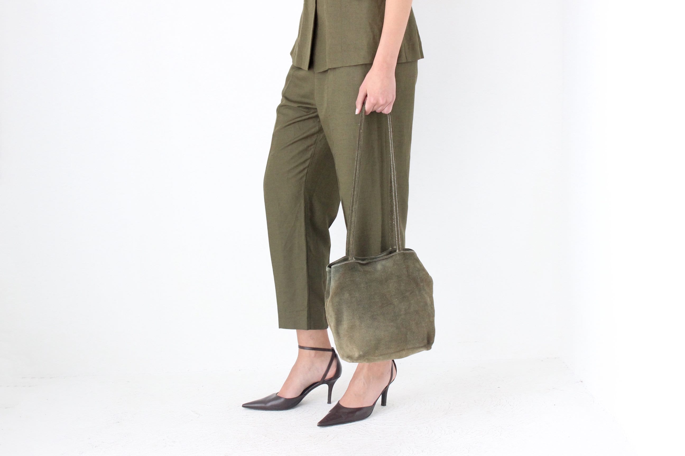 90s Olive Green Minimal Suede Shoulder Bag