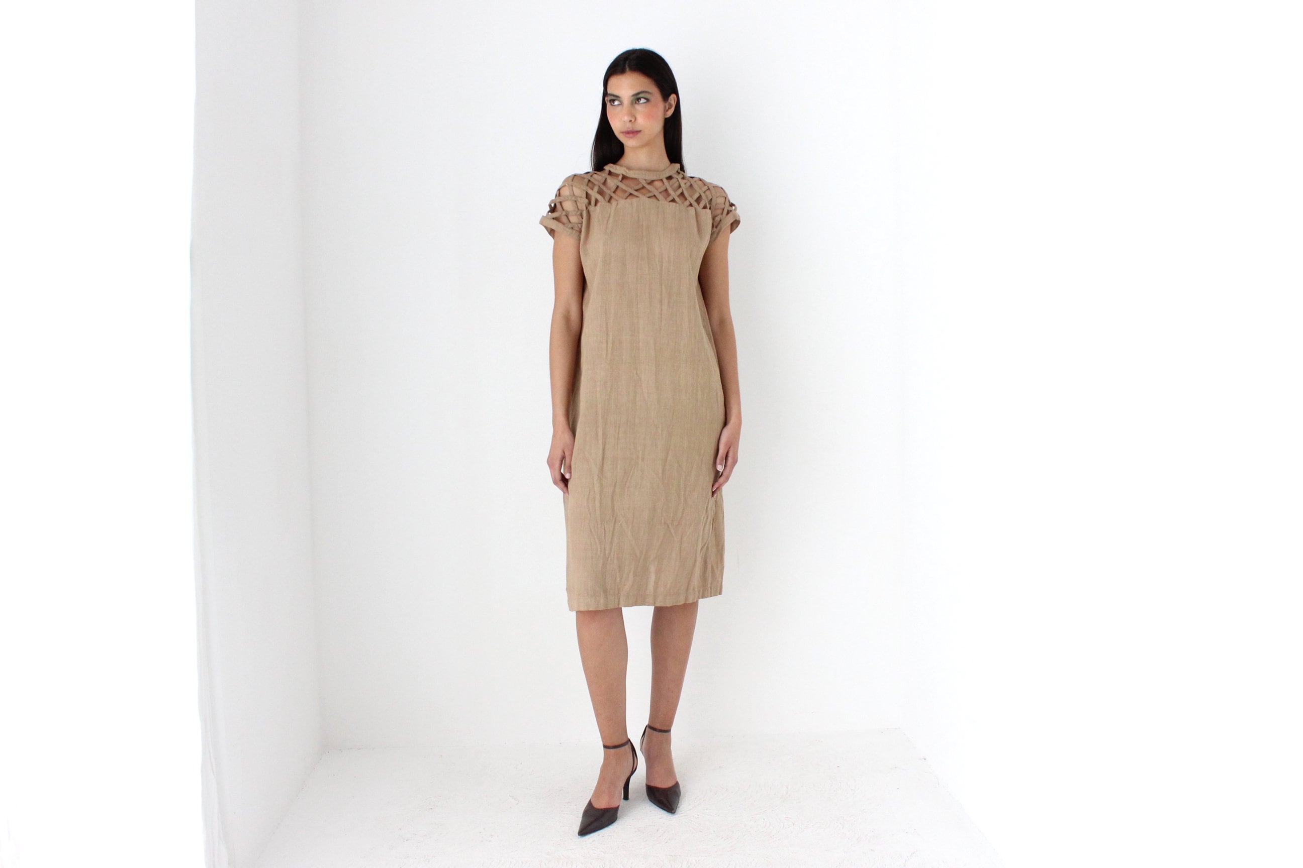 70s Caramel Linen Relaxed Sheath Dress w/ Lattice Cut Outs