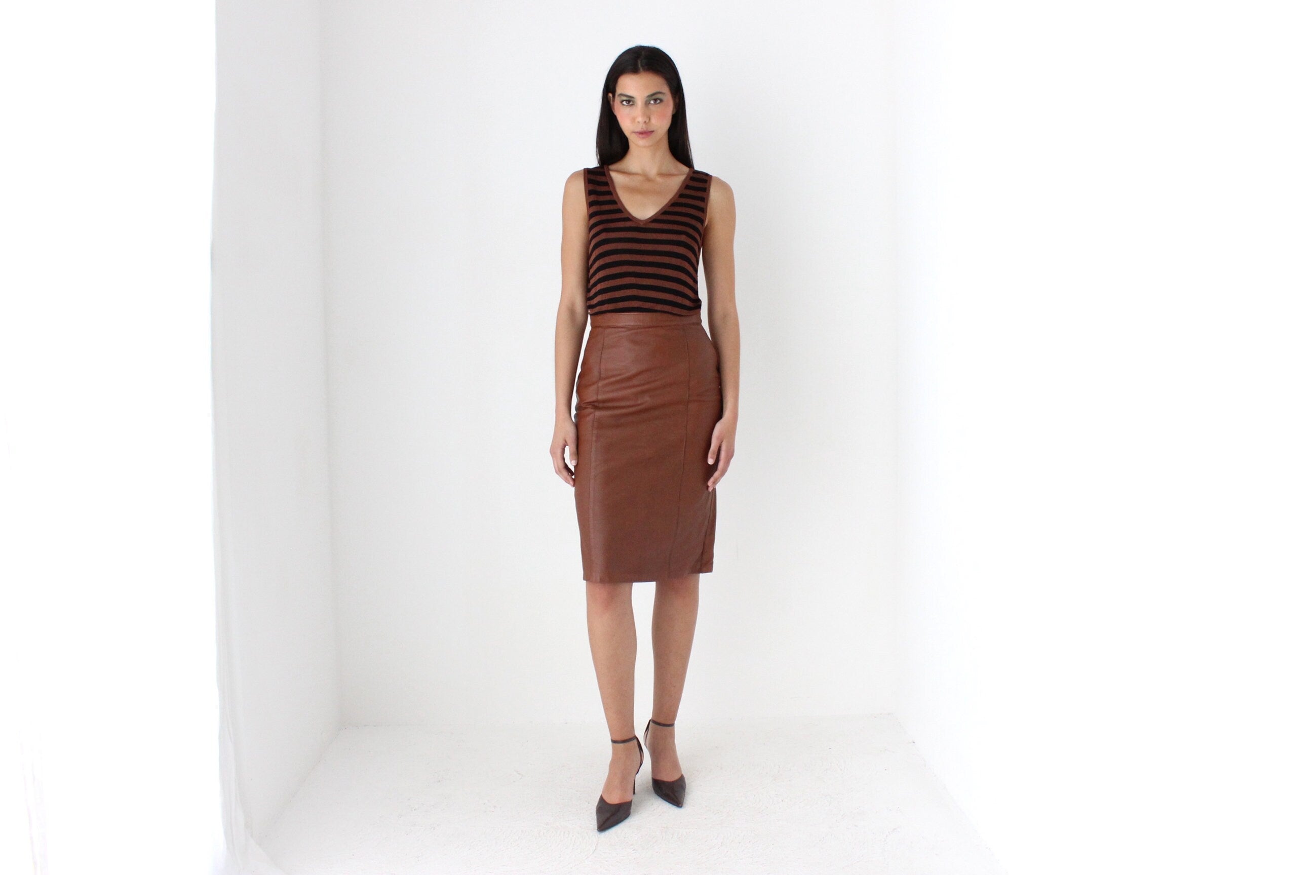 80s Chestnut Brown Italian Leather Knee Length Pencil Skirt