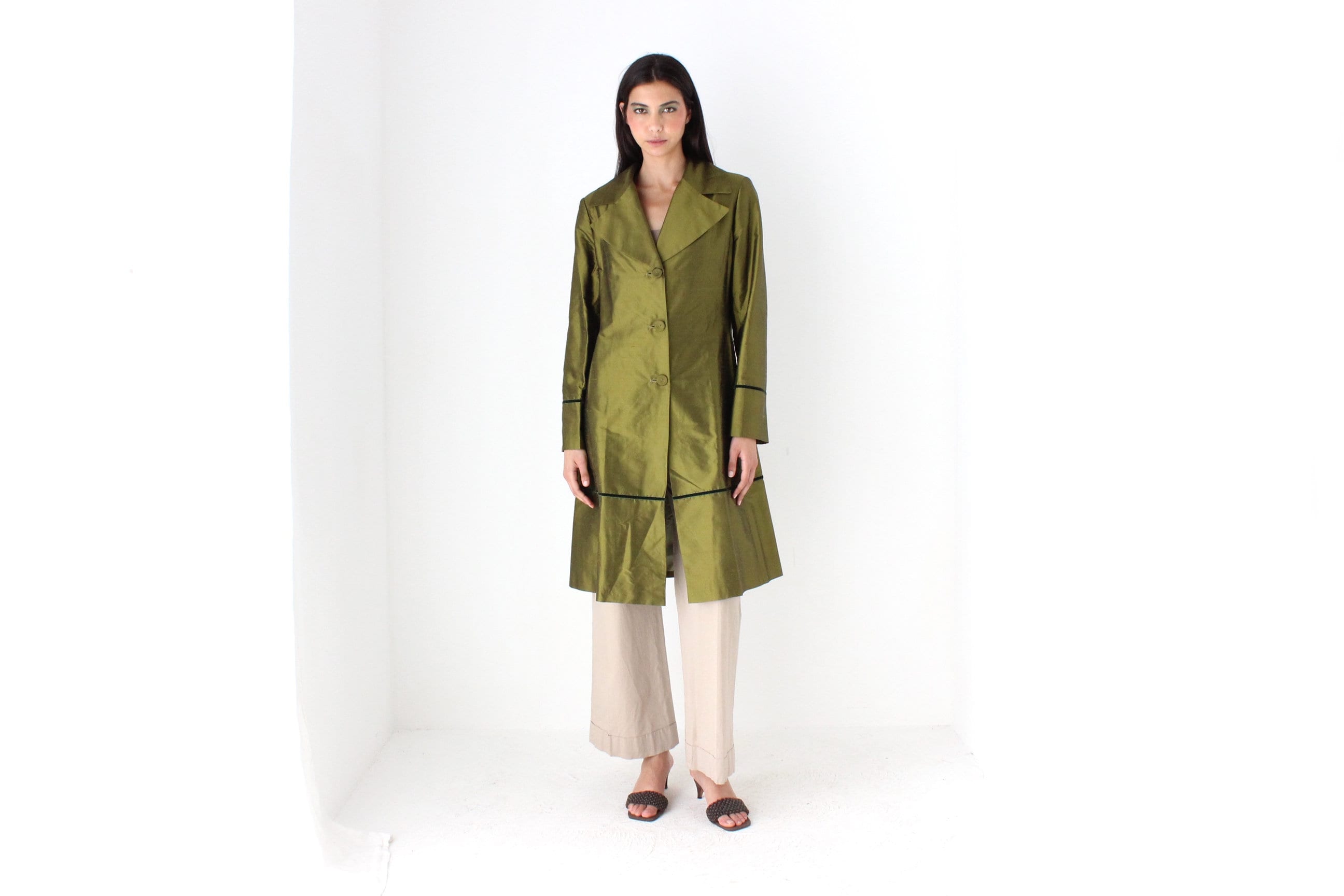 90s Metallic Raw Silk Olive Green Coat by Tintoretto