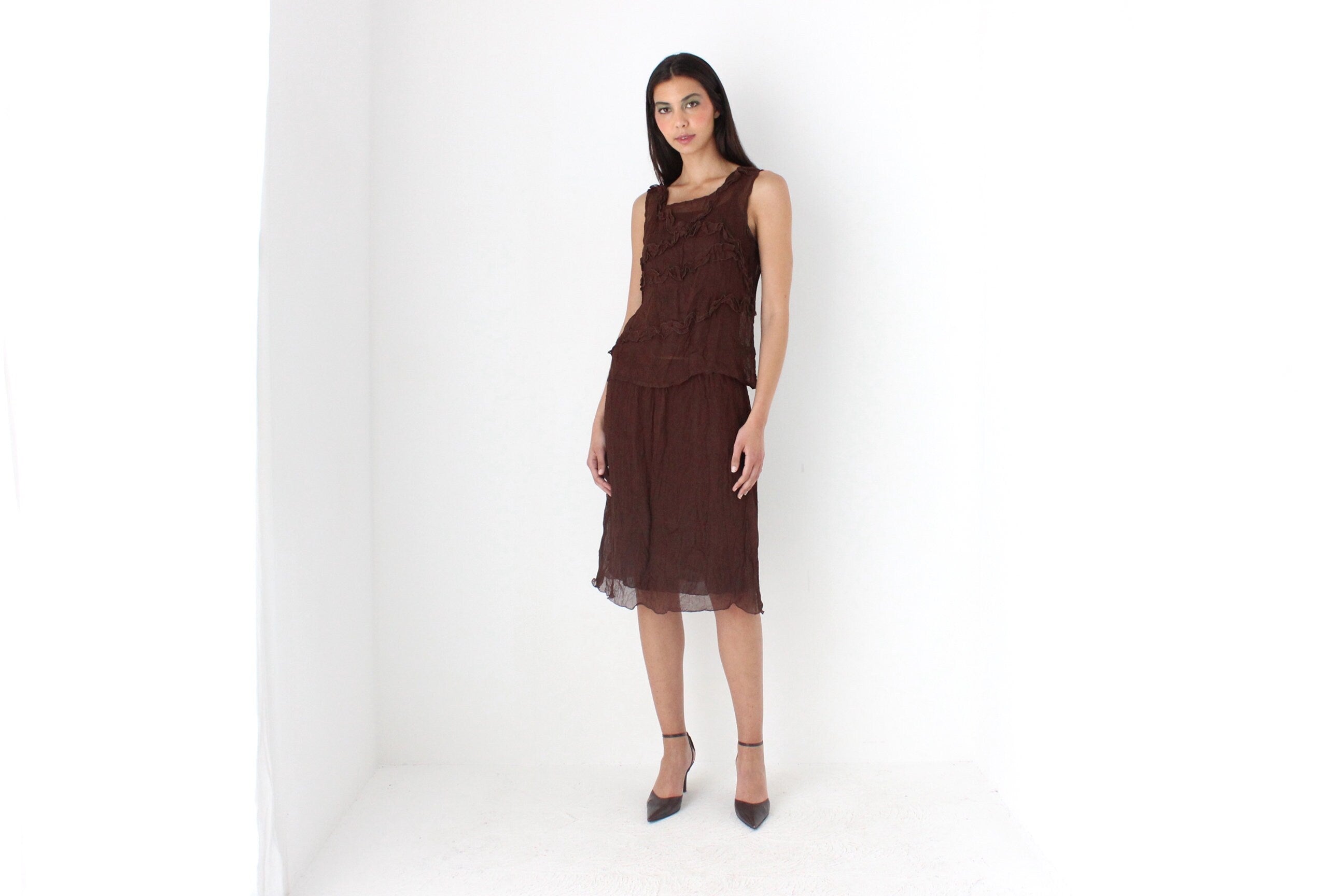 90s Woven Chocolate Two Piece Top & Skirt Ruffle Set by Ana Galdon, Spain