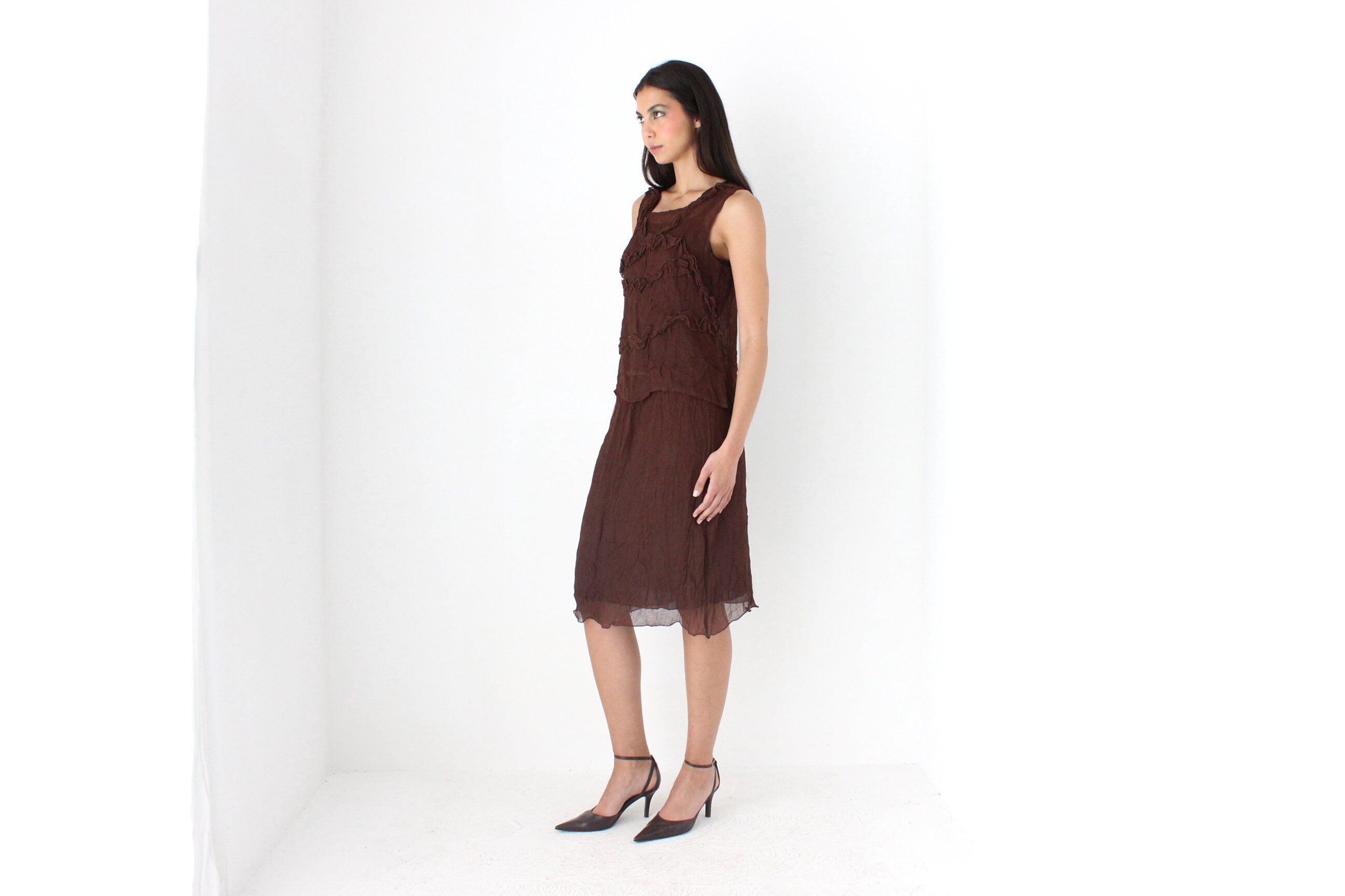 90s Woven Chocolate Two Piece Top & Skirt Ruffle Set by Ana Galdon, Spain
