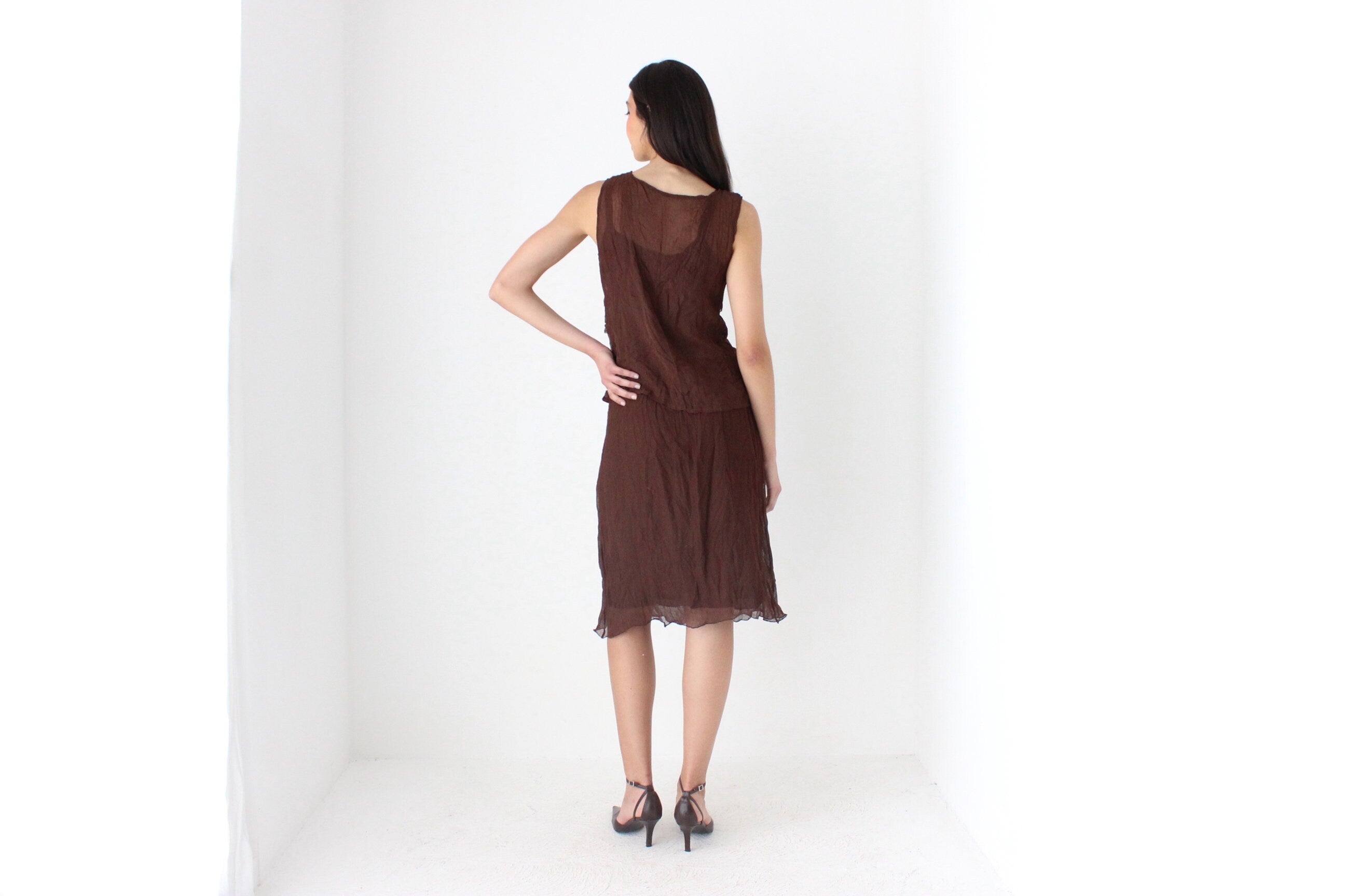 90s Woven Chocolate Two Piece Top & Skirt Ruffle Set by Ana Galdon, Spain