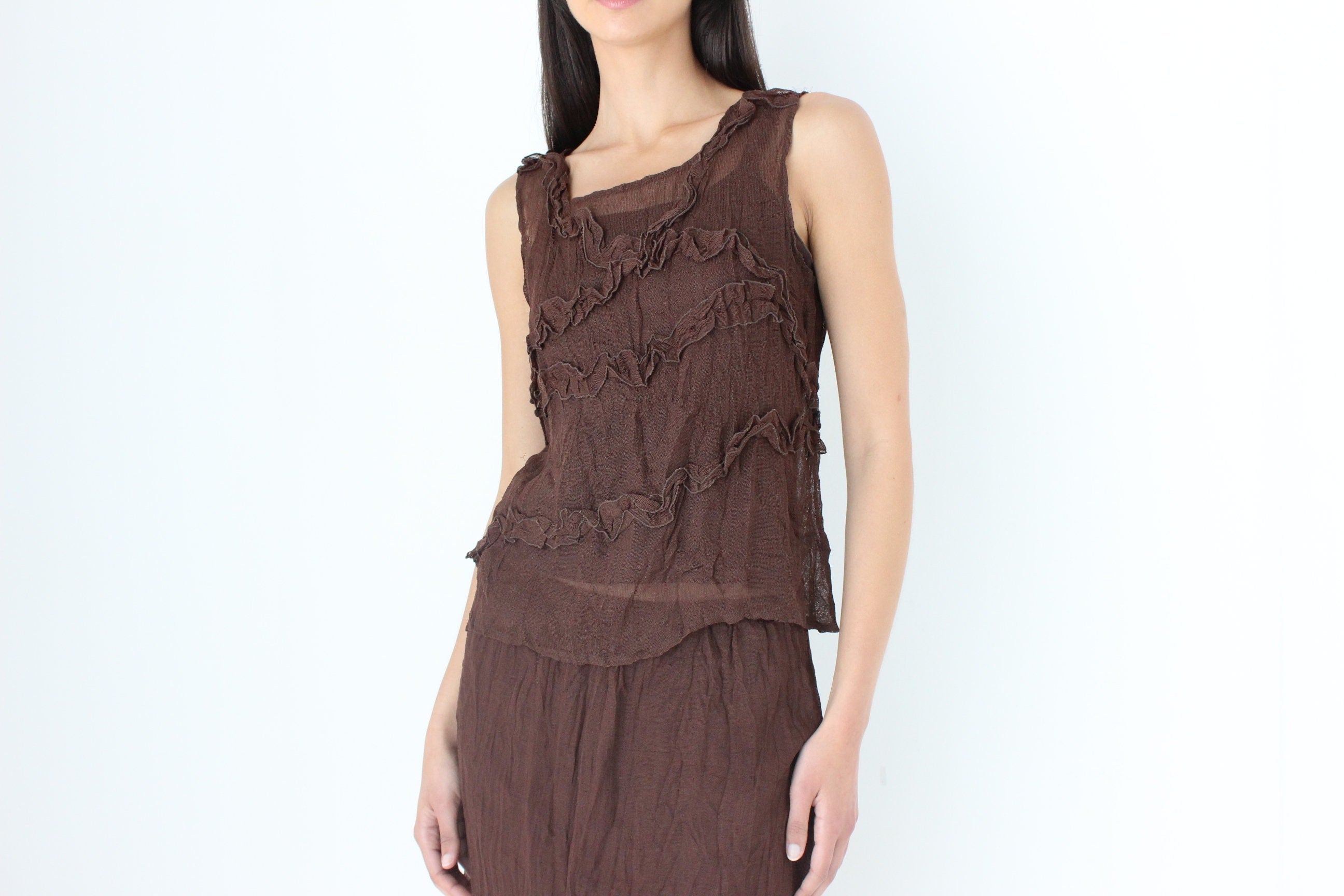 90s Woven Chocolate Two Piece Top & Skirt Ruffle Set by Ana Galdon, Spain