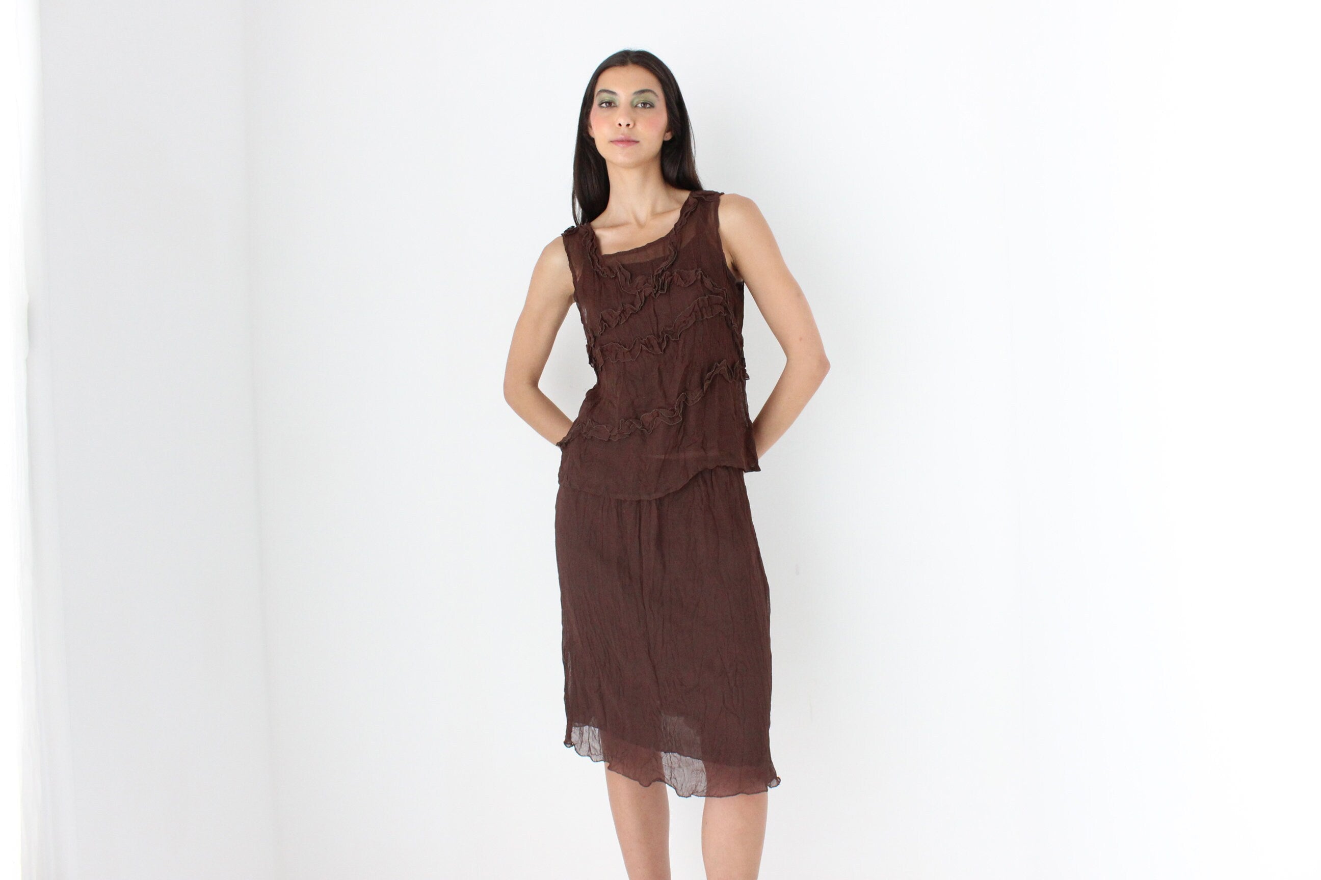 90s Woven Chocolate Two Piece Top & Skirt Ruffle Set by Ana Galdon, Spain