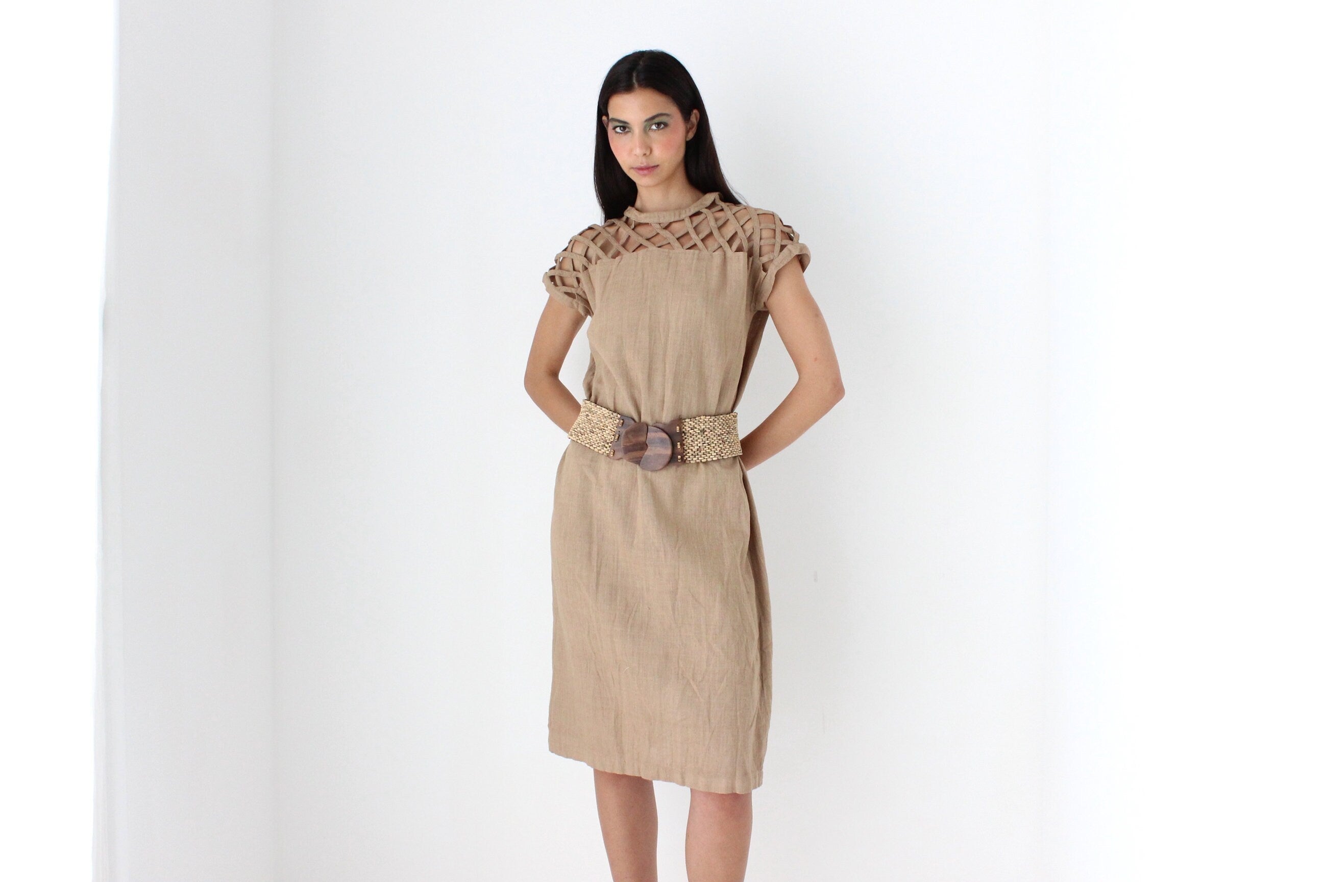 2000s Stretchy Earthy Beaded Thick Woven Belt