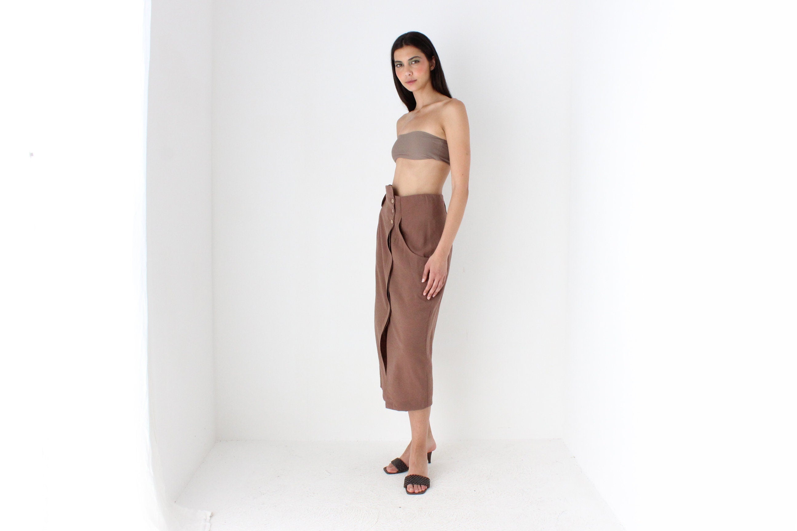 80s Surrealist Asymmetric Linen High Waist Midi Skirt