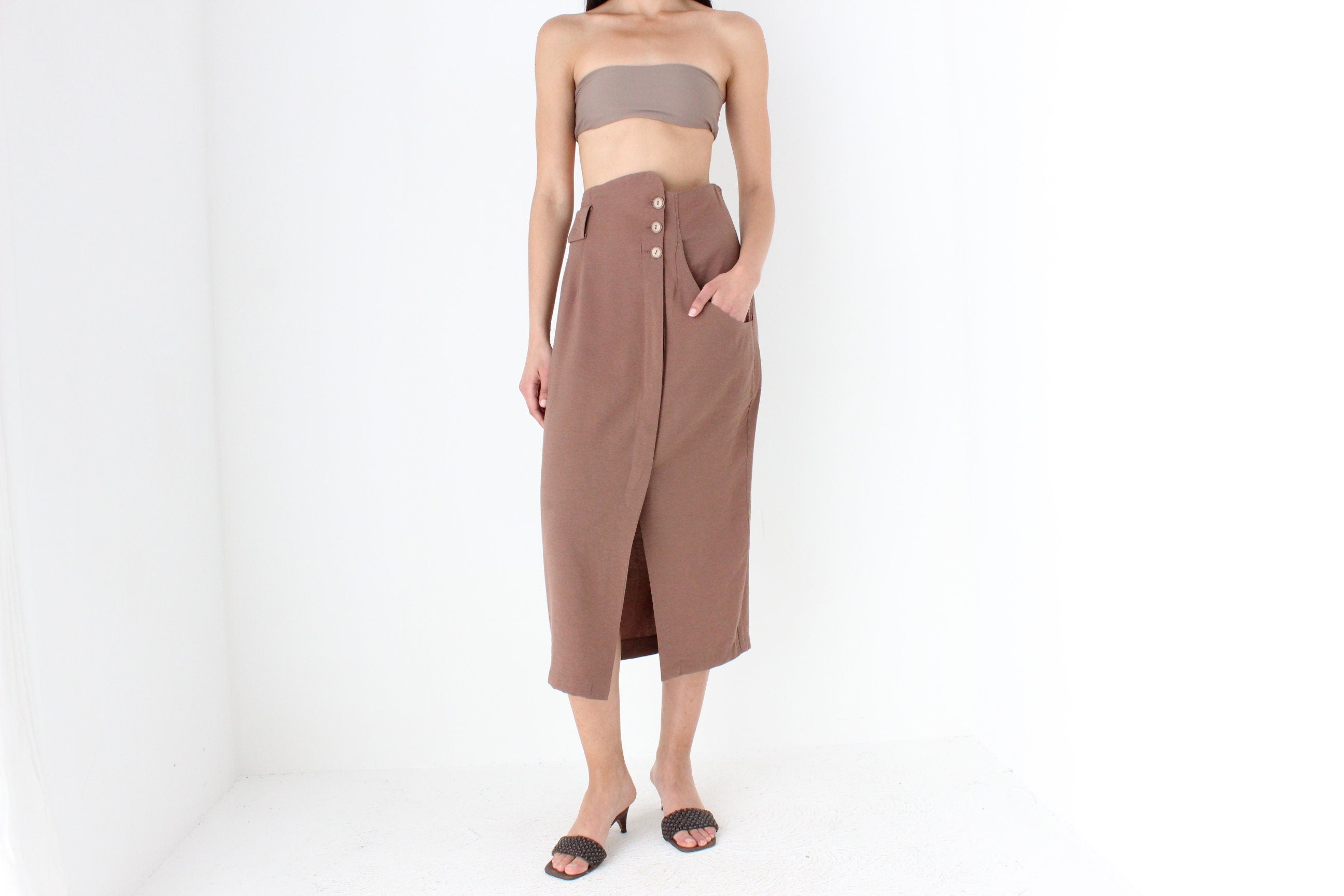 80s Surrealist Asymmetric Linen High Waist Midi Skirt