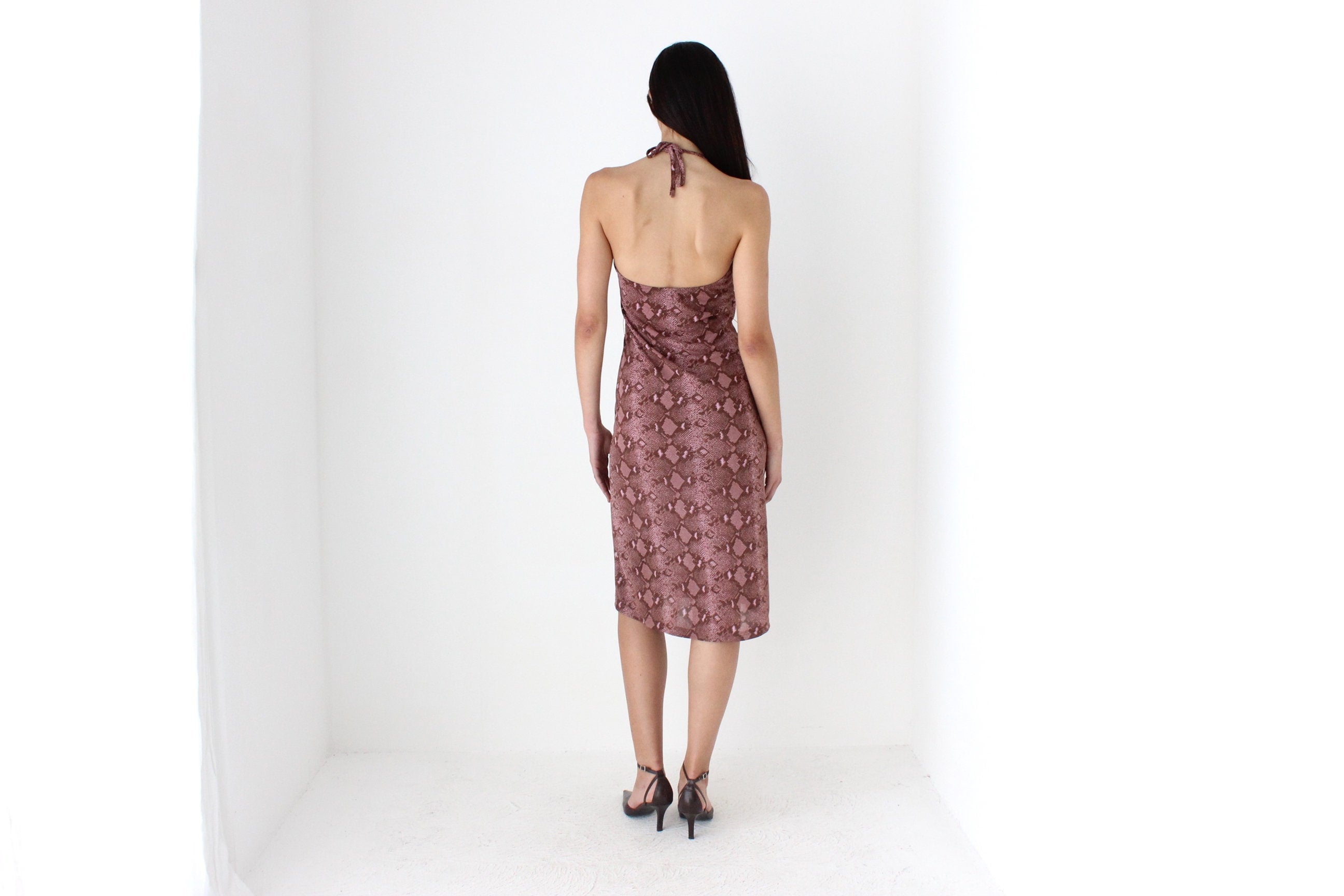 Y2K Mauve Snakeskin Mesh Halter Neck Dress