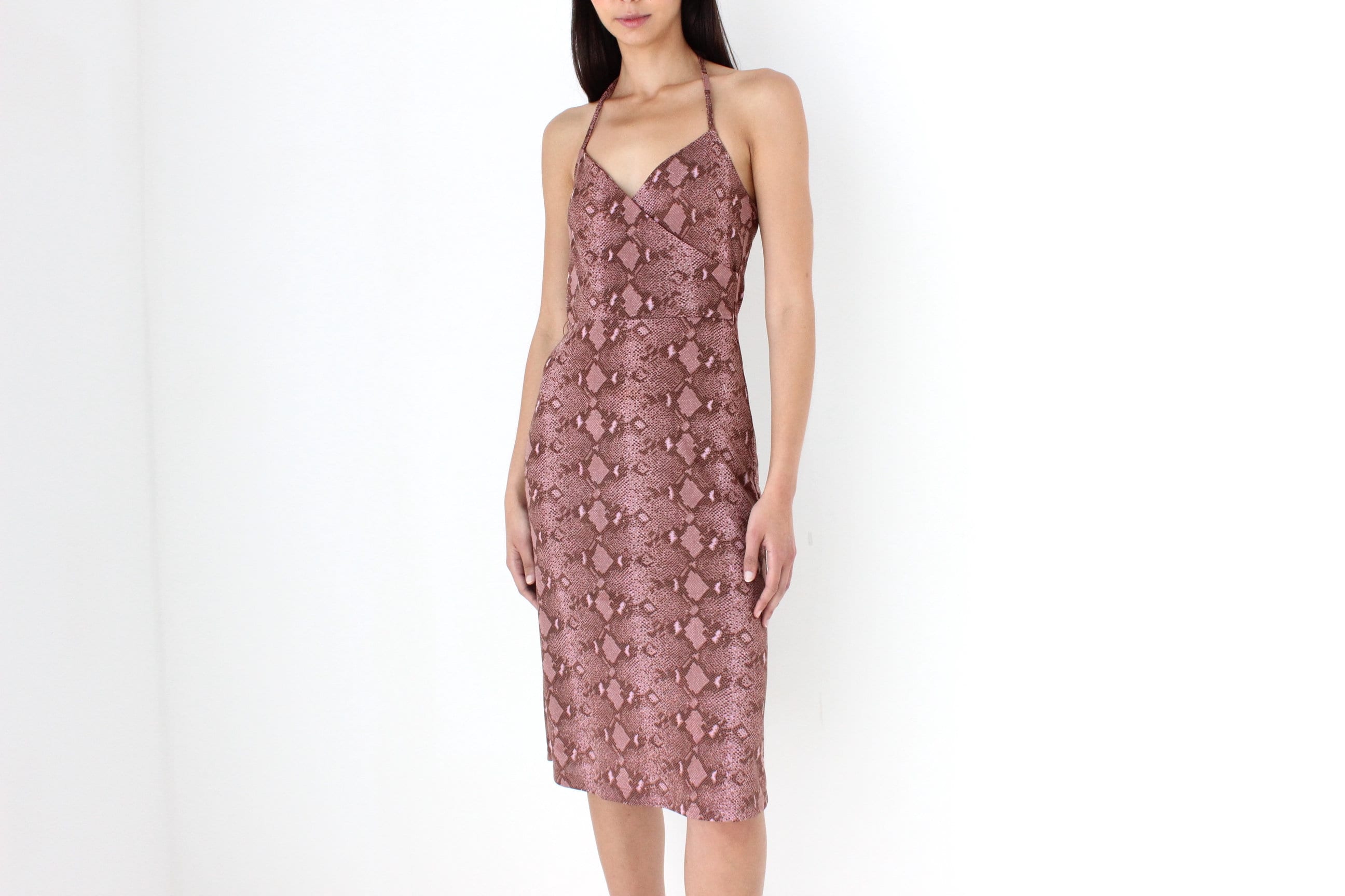 Y2K Mauve Snakeskin Mesh Halter Neck Dress